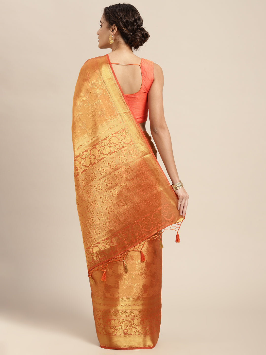 Mimosa Womens Art Silk Saree Kanjivaram Orange Color
