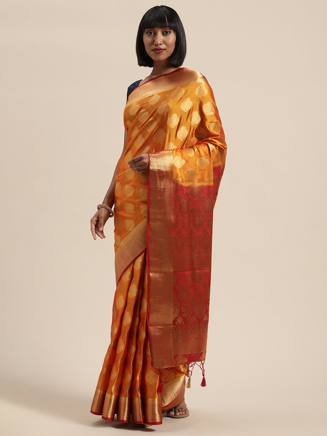 Mimosa Womens Crepe Saree Mysore Silk Gold Color