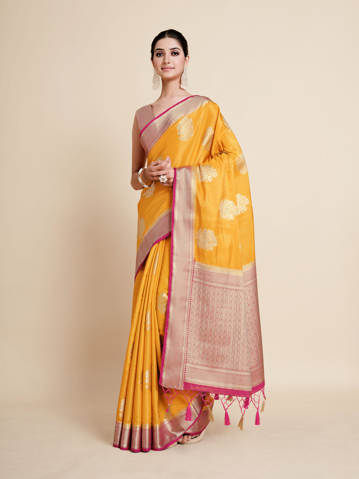 Mimosa Womens Art Silk Saree Kanjivaram Gold Color