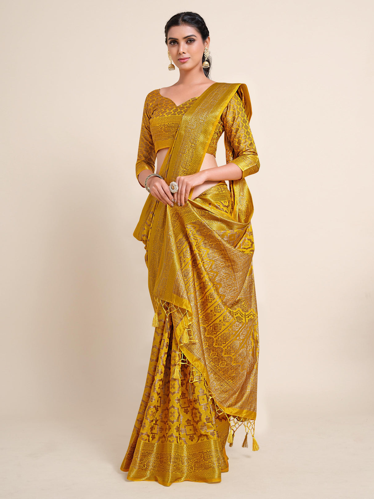 Mimosa Womens Art Silk Saree Kanjivaram Gold Color