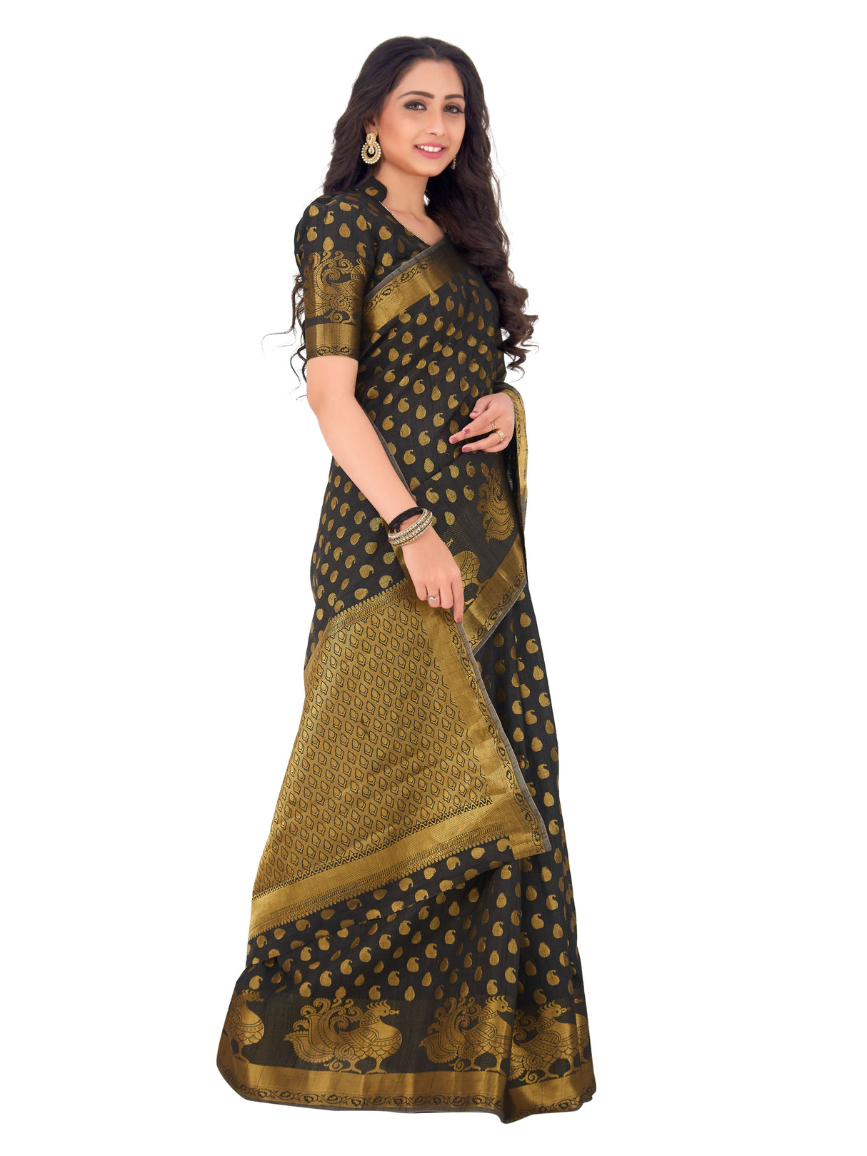 Mimosa Womens Art Silk Saree Kanjivaram Black Color
