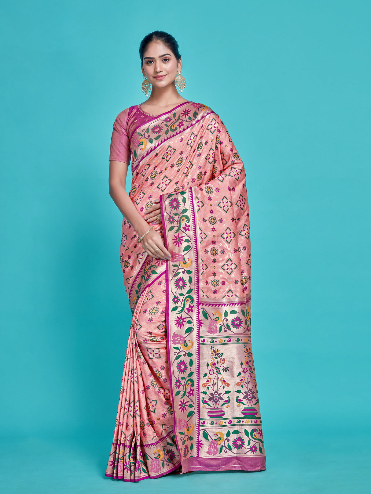 Mimosa Women's Woven Design Patola Style Art Silk Saree With Blouse Piece : SA00001379PNKFREE
