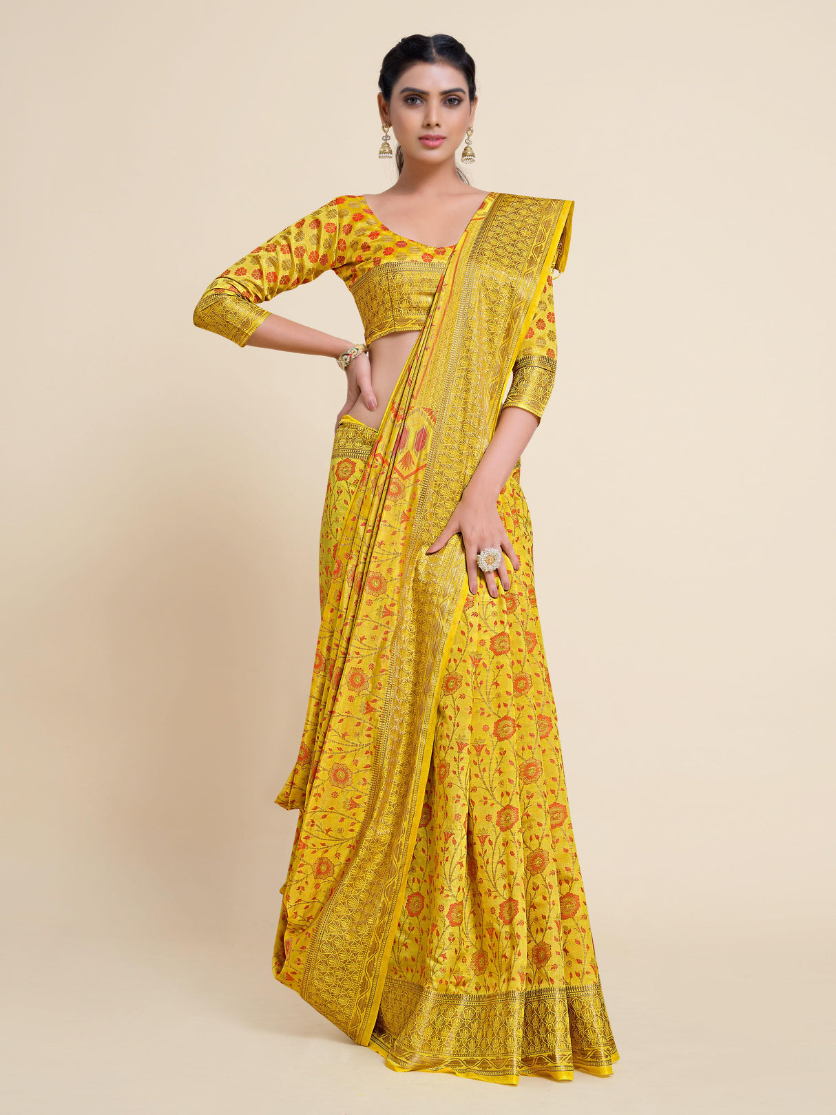 Mimosa Womens Art Silk Saree Kanjivaram Yellow Color