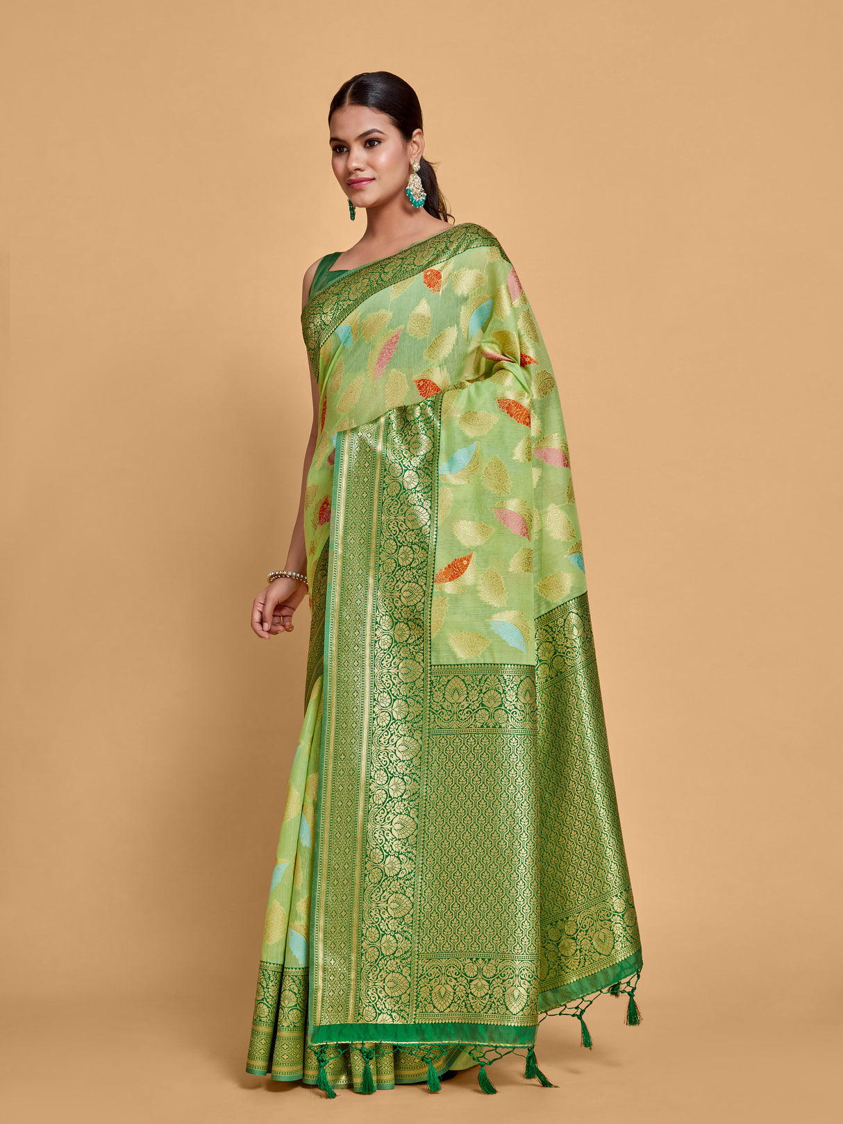 Mimosa Women's Woven Design Kanjivaram Linen Saree With Blouse Piece : SA00001245PSFREE