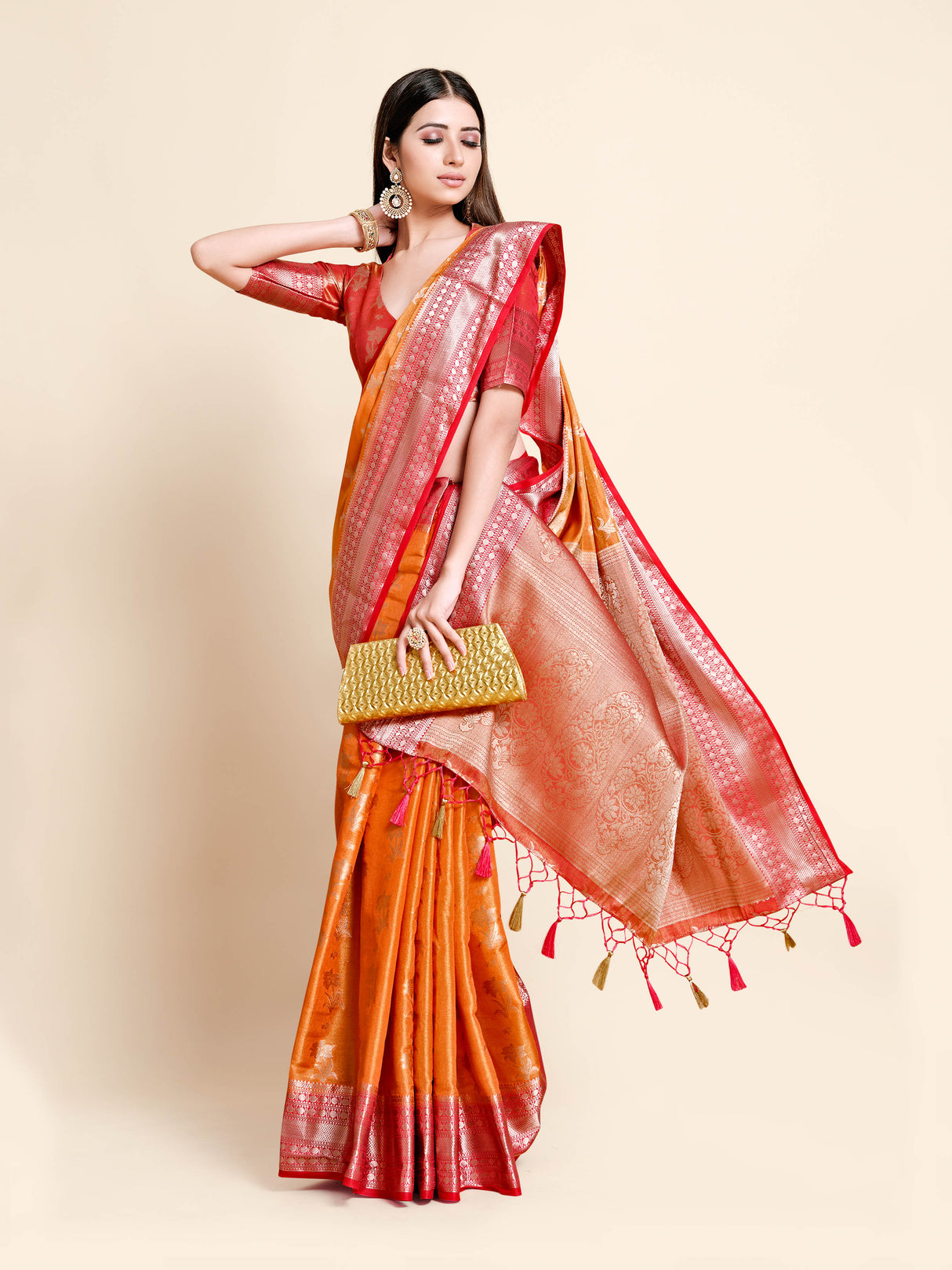 Mimosa Womens Art Silk Saree Kanjivaram Peach Color
