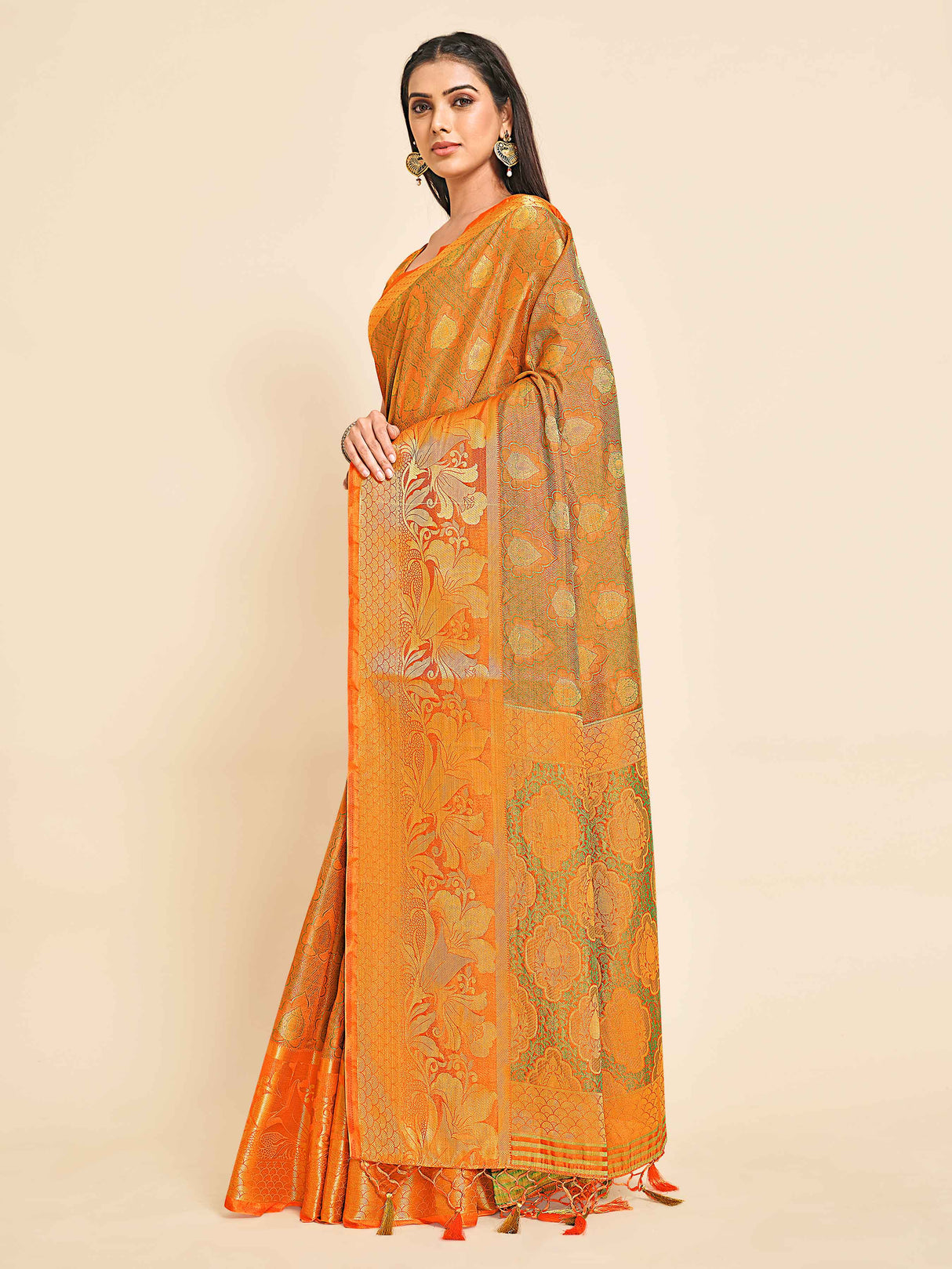 Mimosa Womens Art Silk Saree Kanjivaram Orange Color