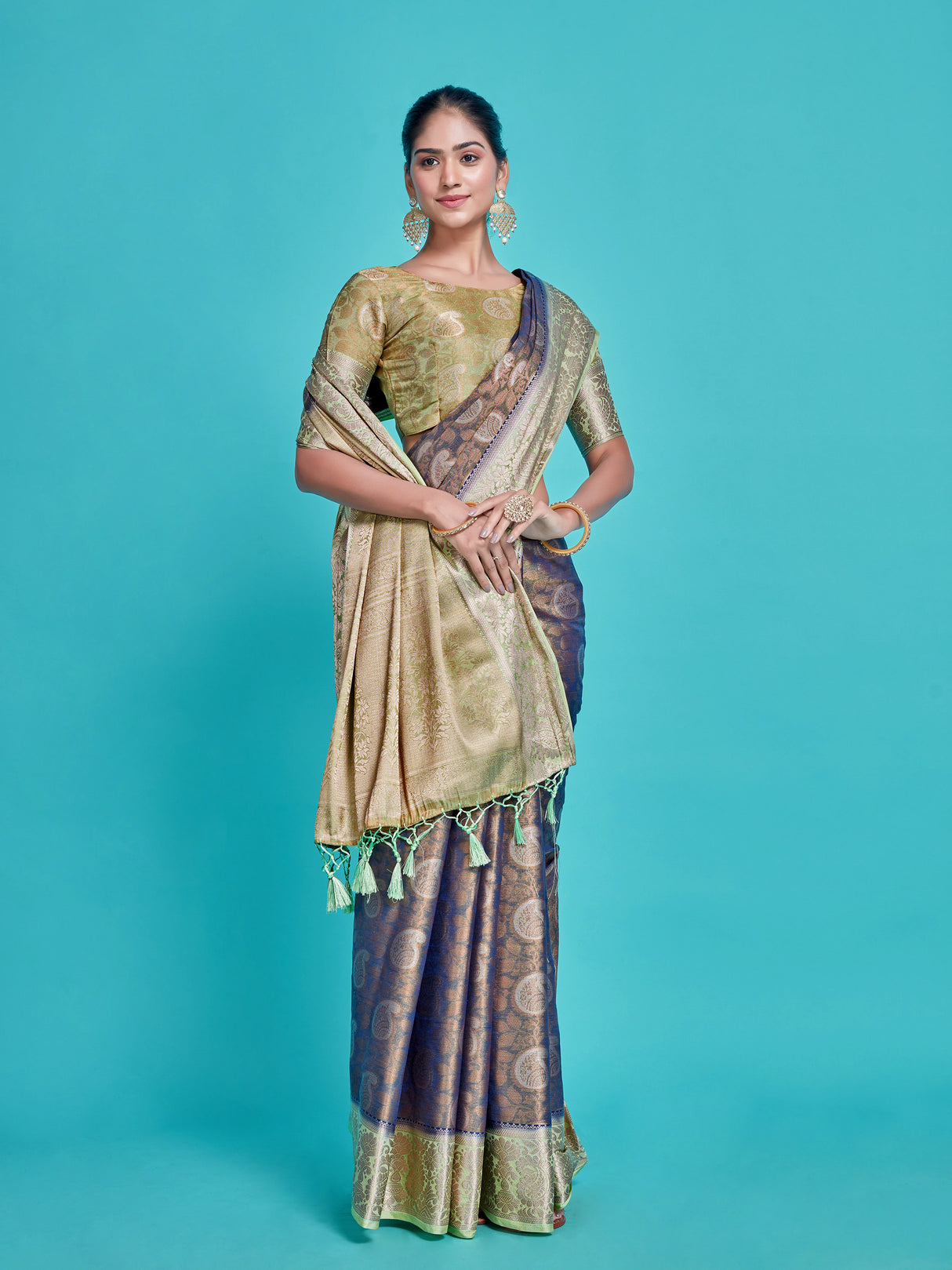 Mimosa Women's Woven Design Kanjivaram Style Art Silk Saree With Blouse Piece : SA0000412NVFREE