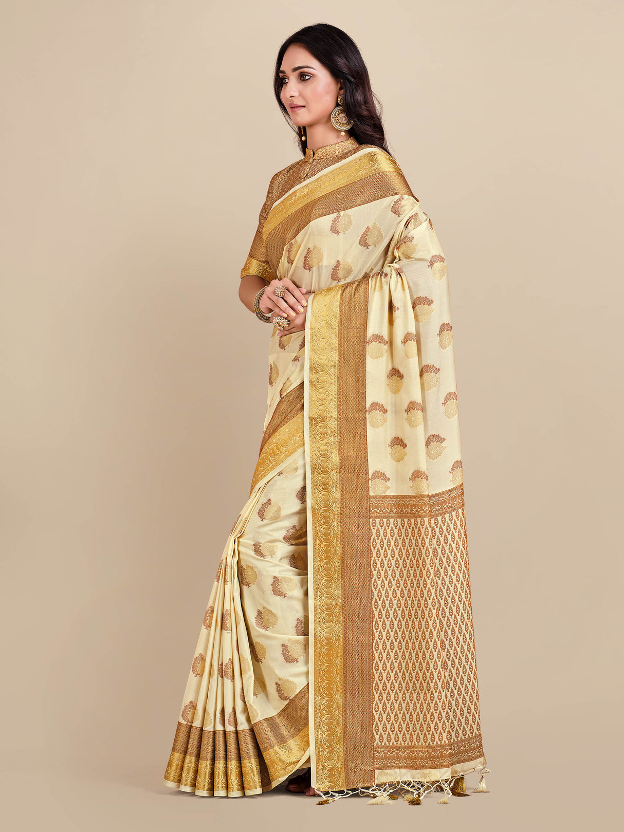 Mimosa Womens Art Silk Saree Kanjivaram Halfwhite Color