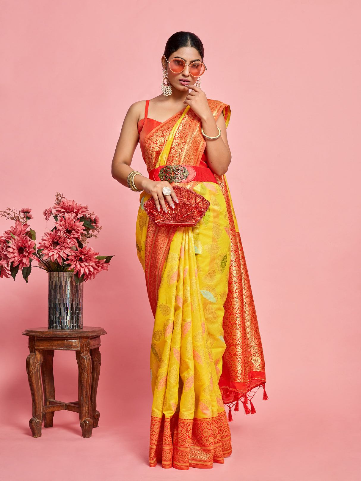 Mimosa Women's Woven Design Kanjivaram Linen Saree With Blouse Piece : SA00001245GDFREE