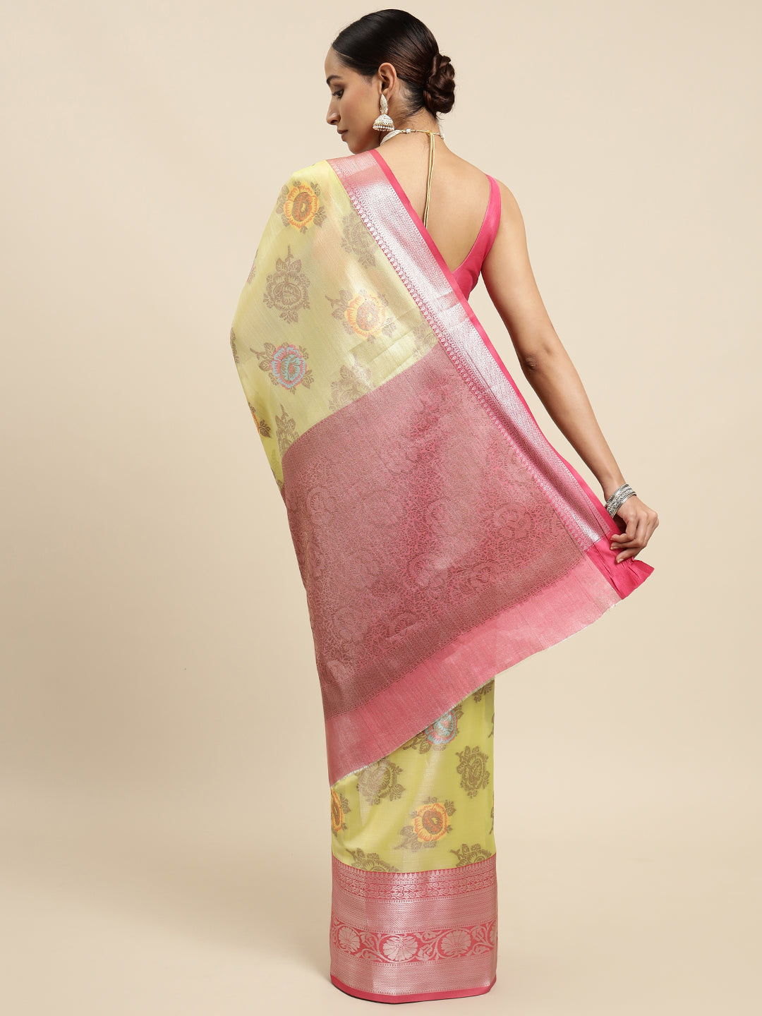 Mimosa Womens Art Silk Saree Kanjivaram Yellow Color