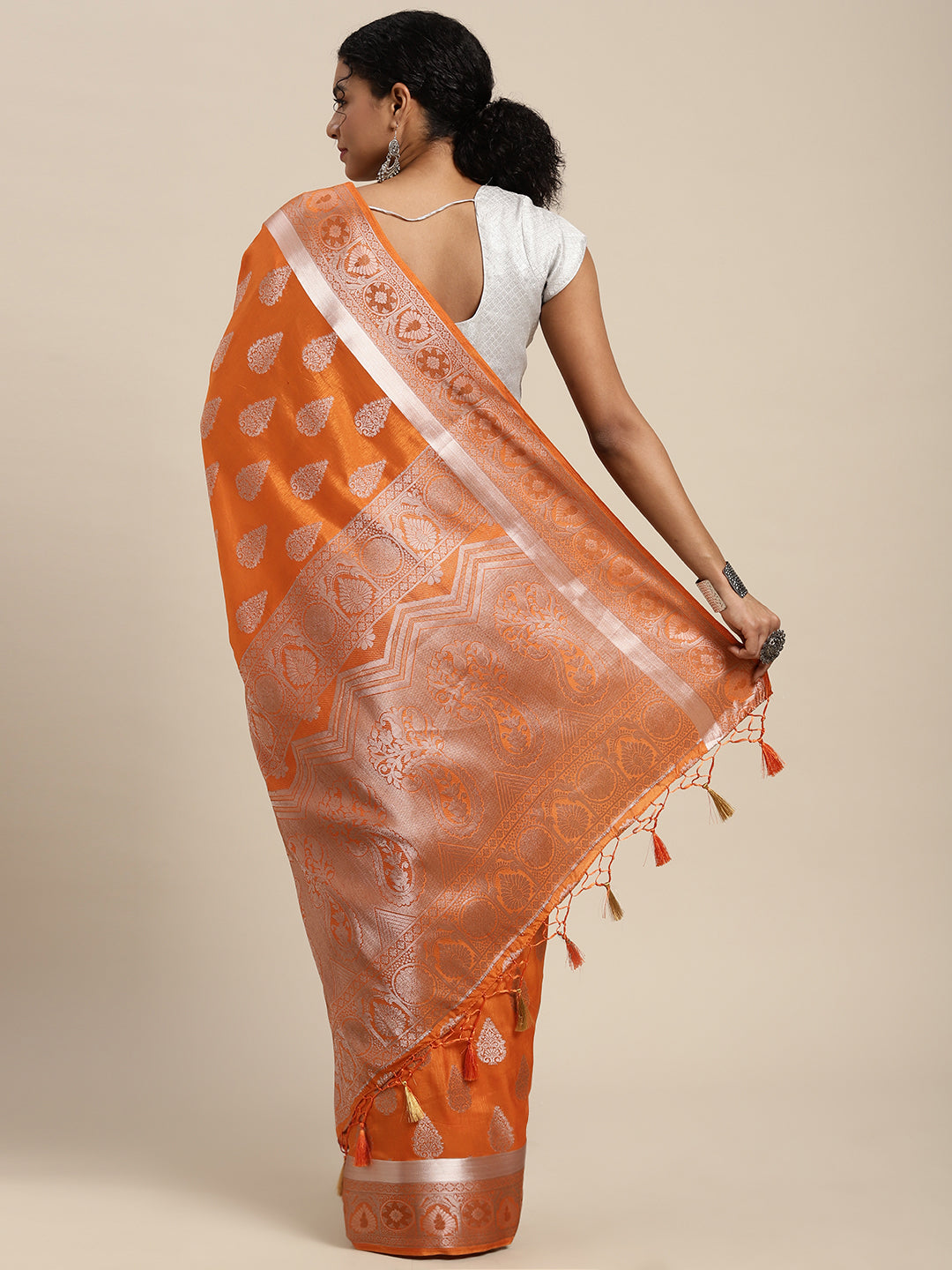 Mimosa Womens Art Silk Saree Kanjivaram Orange Color
