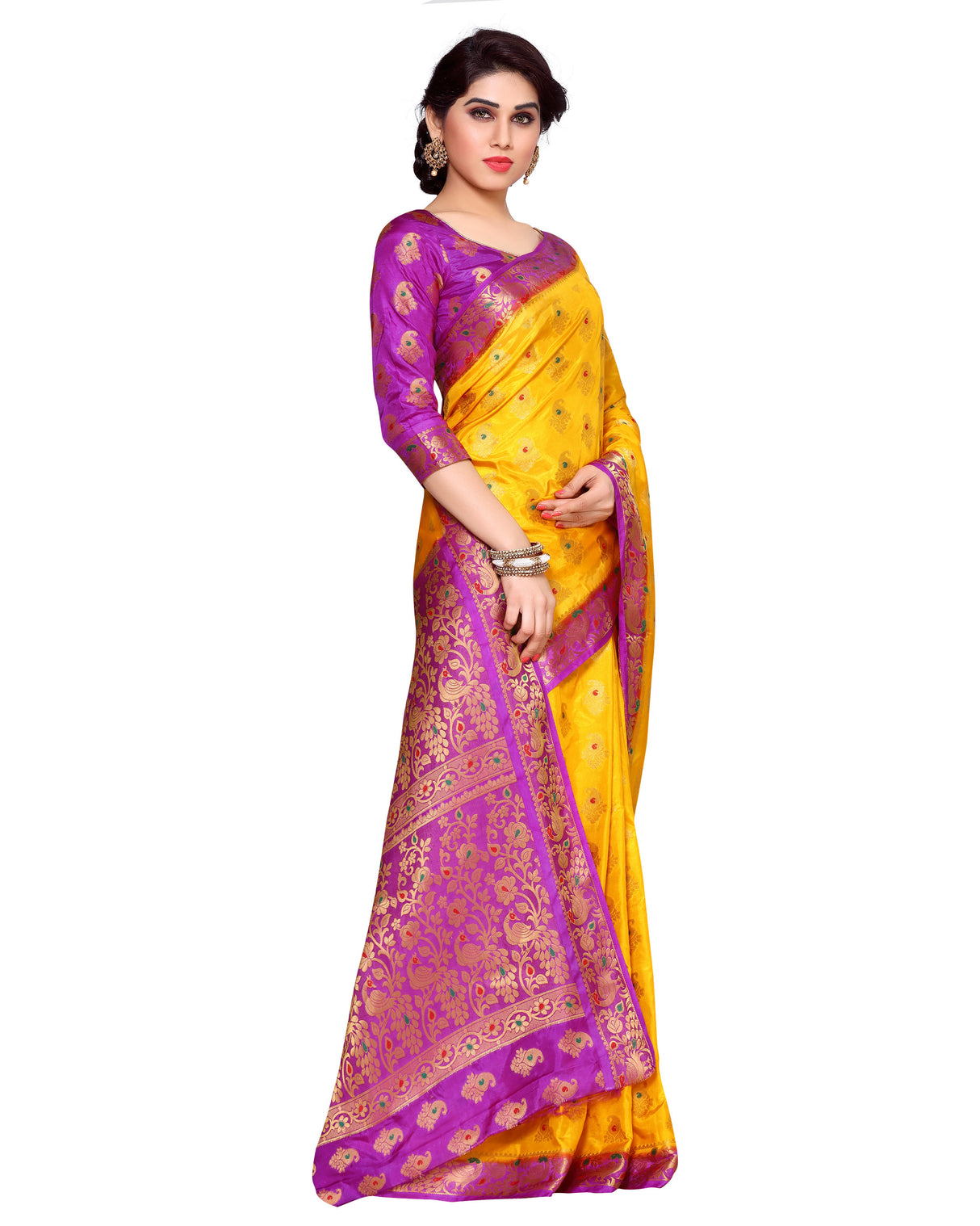 Mimosa Womens Art Silk Saree Kanjivaram Gold Color