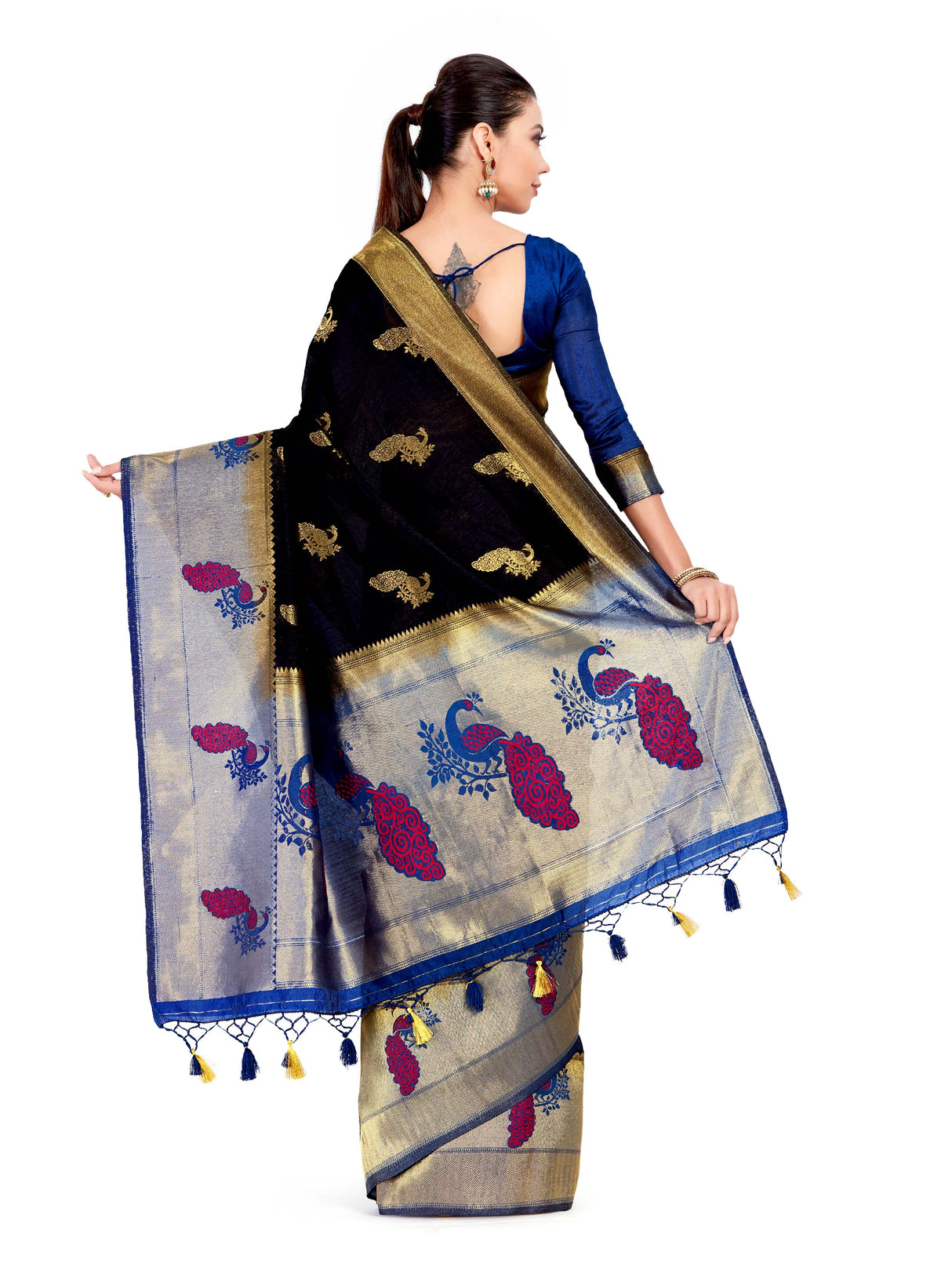 Mimosa Womens Art Silk Saree Kanjivaram Black Color