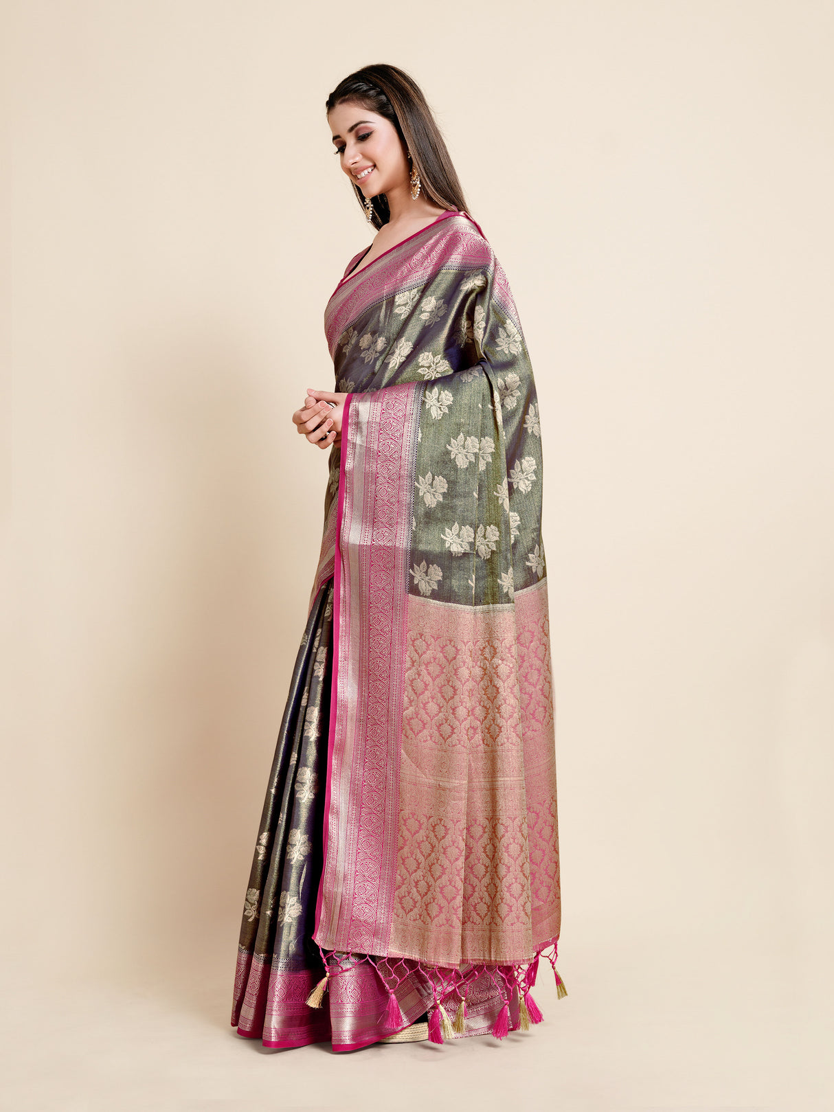 Mimosa Womens Art Silk Saree Kanjivaram Navy Blue Color