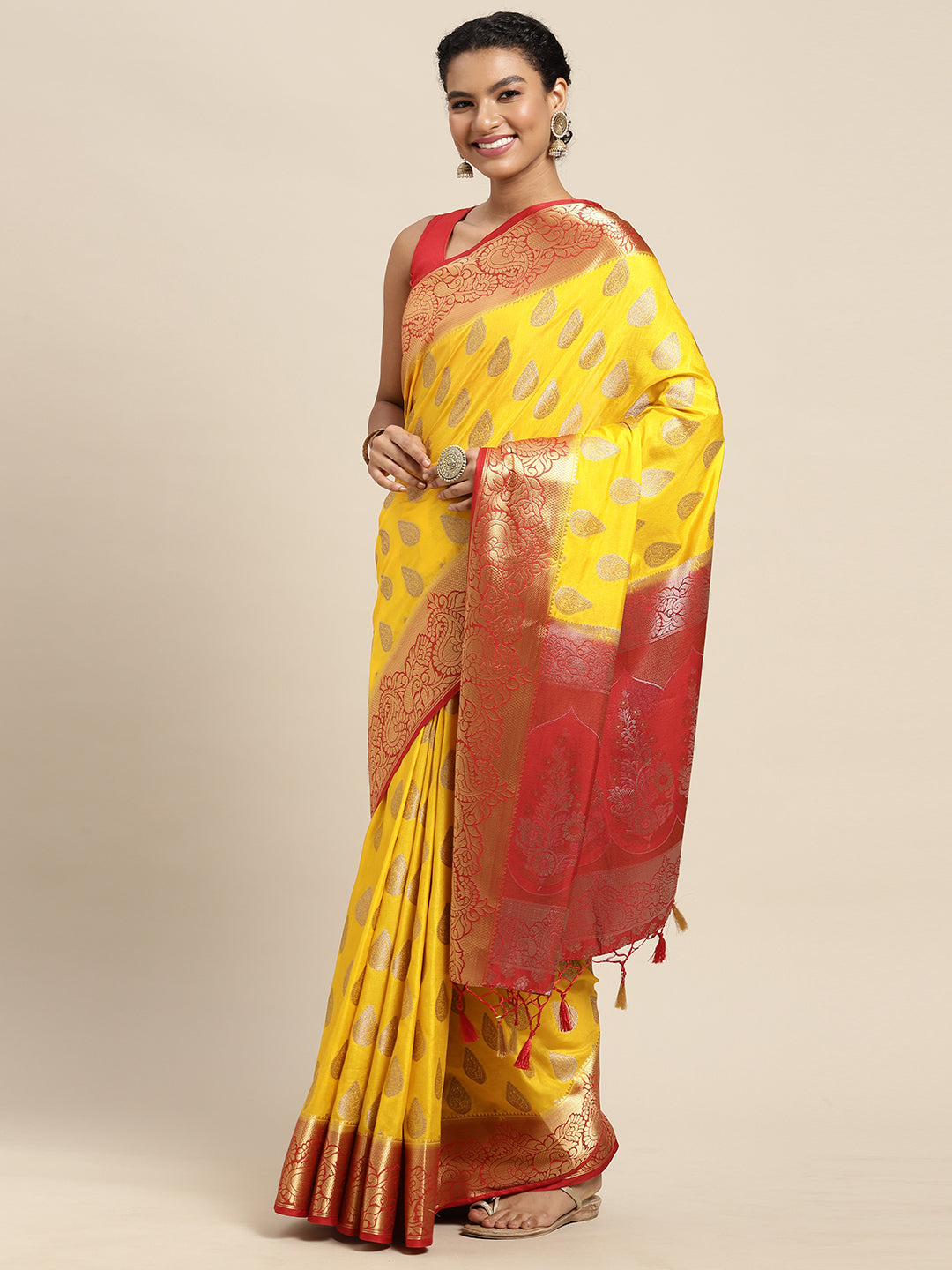 Mimosa Womens Art Silk Saree Kanjivaram Gold Color