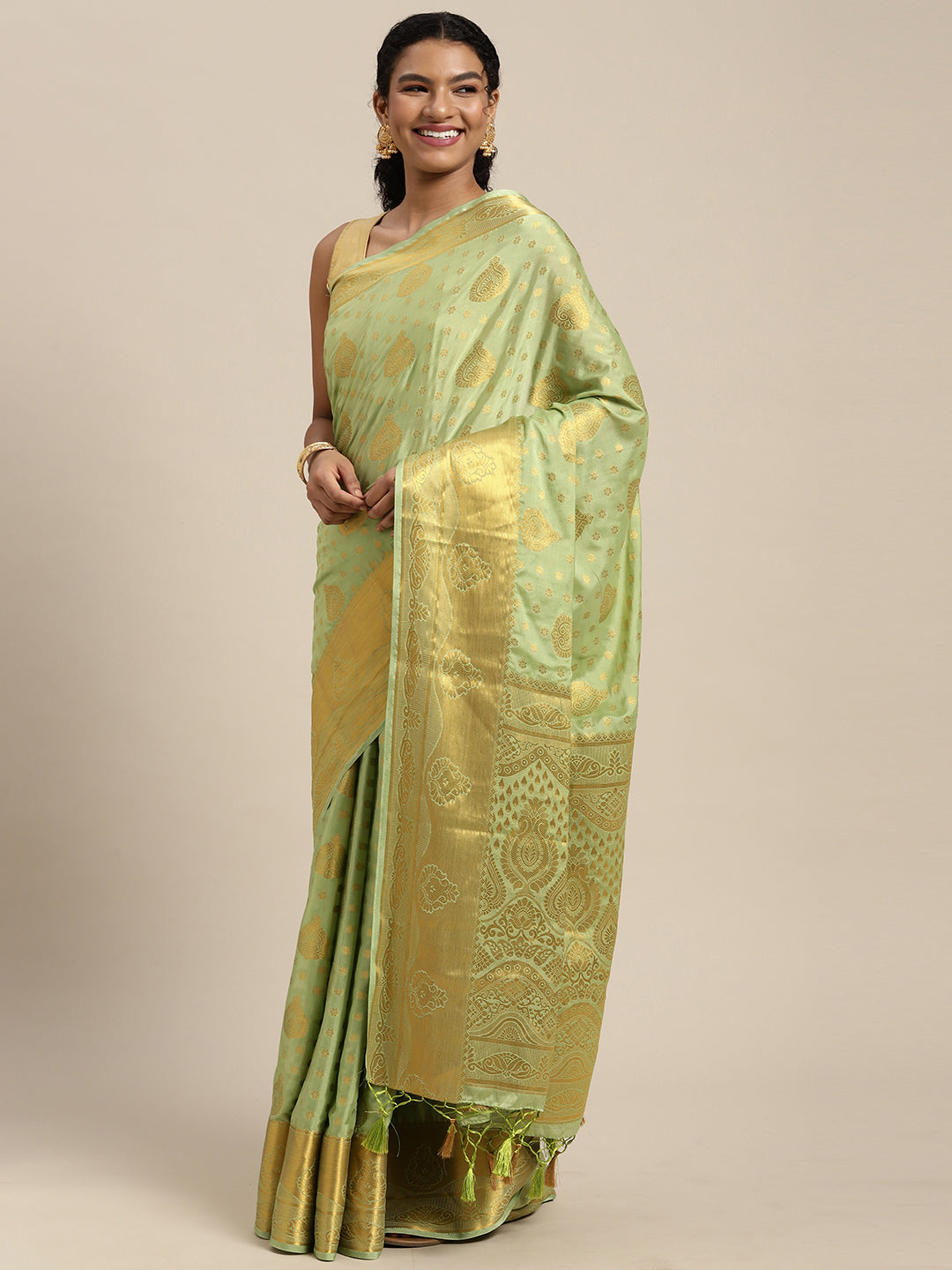 Mimosa Womens Crepe Saree Mysore Silk Pista Color