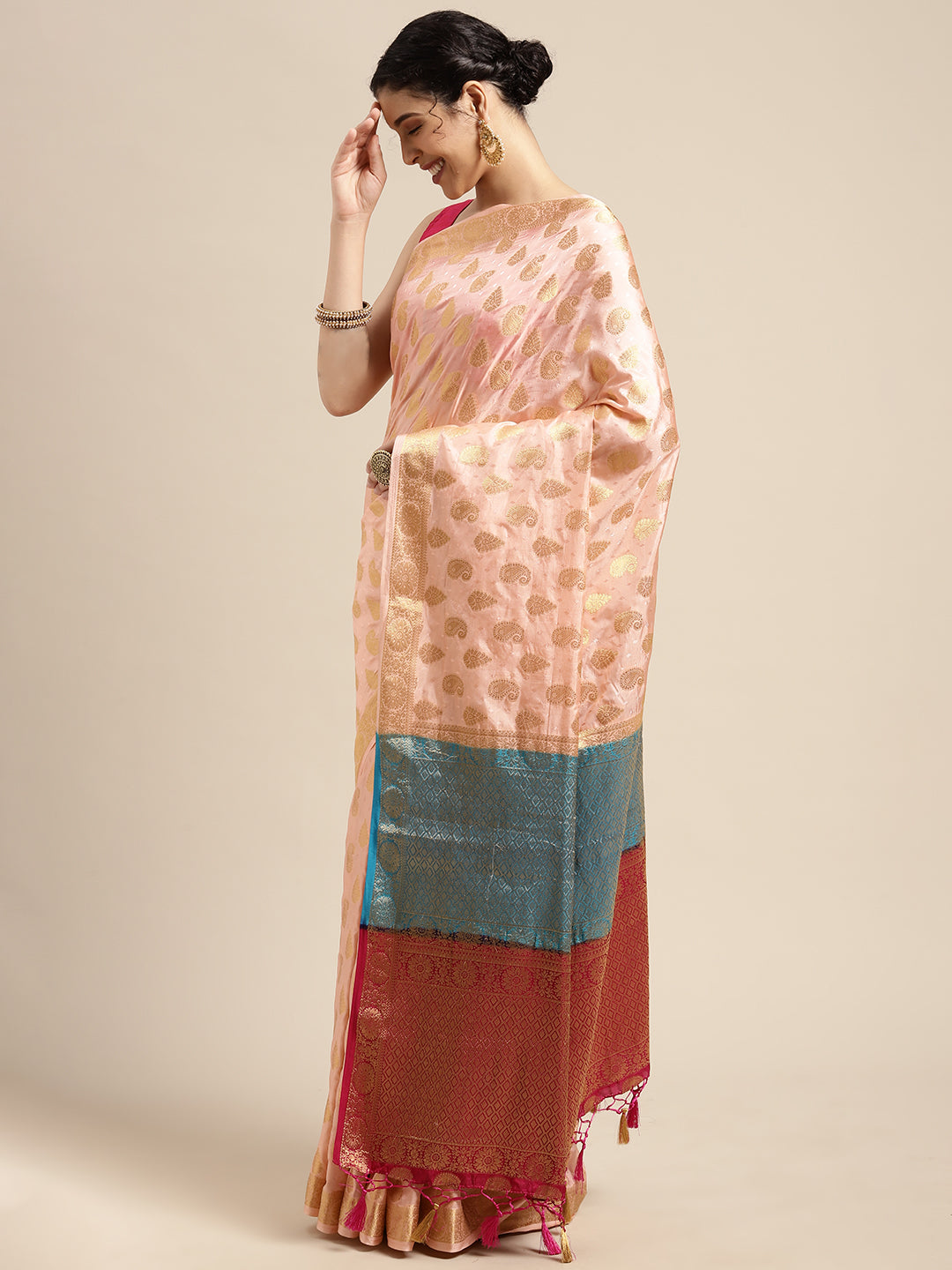 Mimosa Womens Art Silk Saree Kanjivaram Peach Color