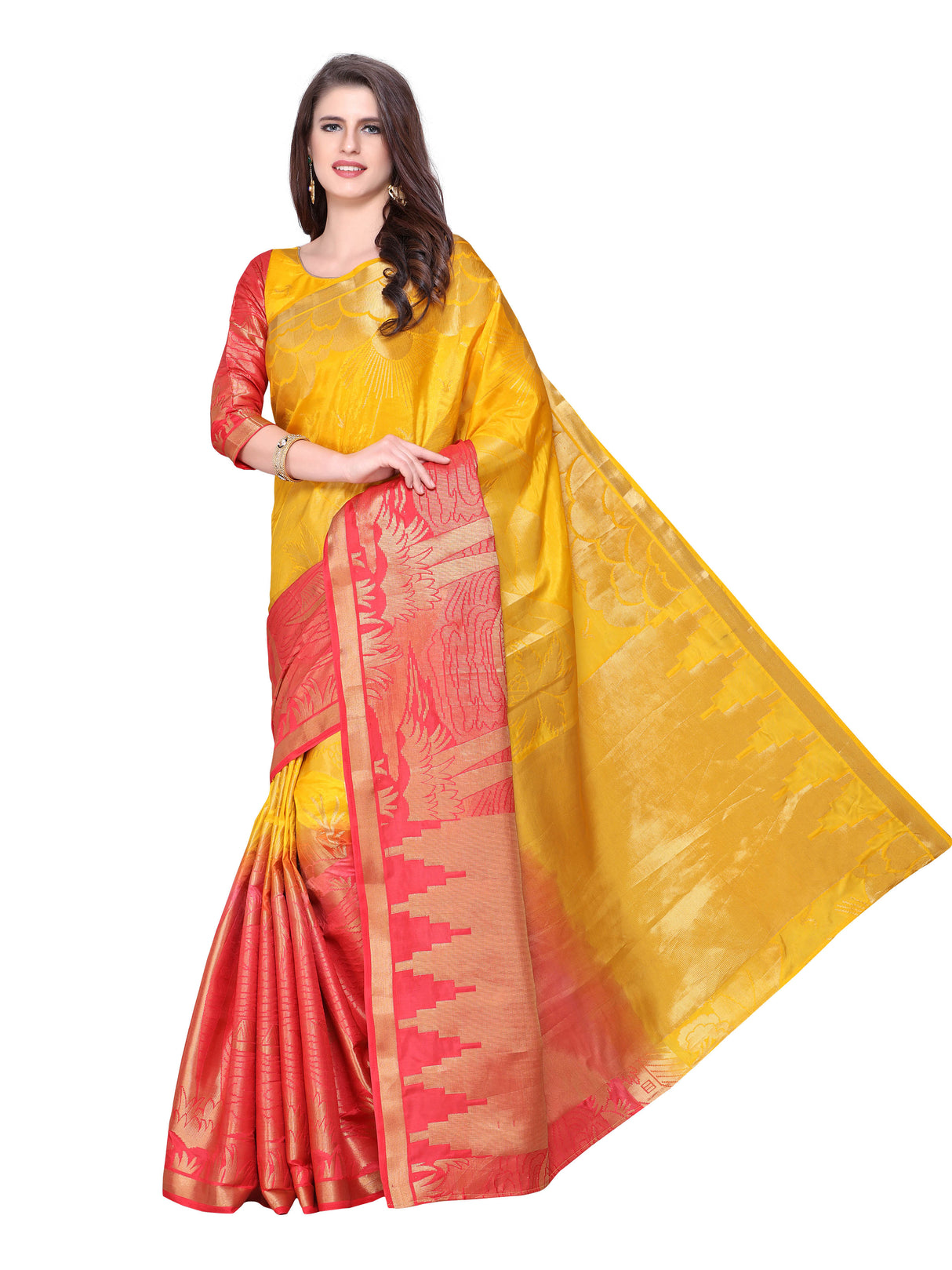 Mimosa Womens Art Silk Saree Kanjivaram Gold Color