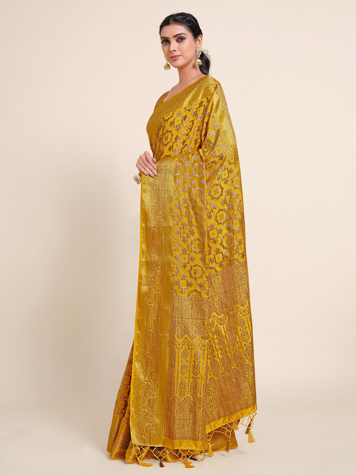 Mimosa Womens Art Silk Saree Kanjivaram Gold Color