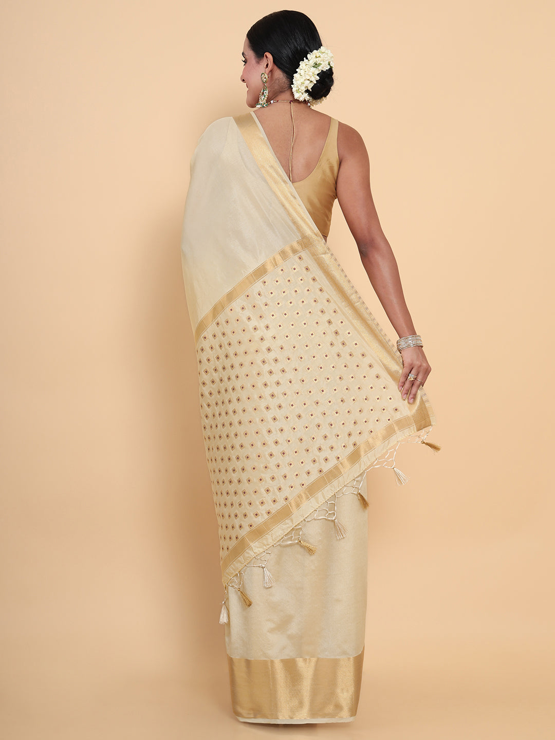 Mimosa Womens Art Silk Saree Kasavu Cream Color