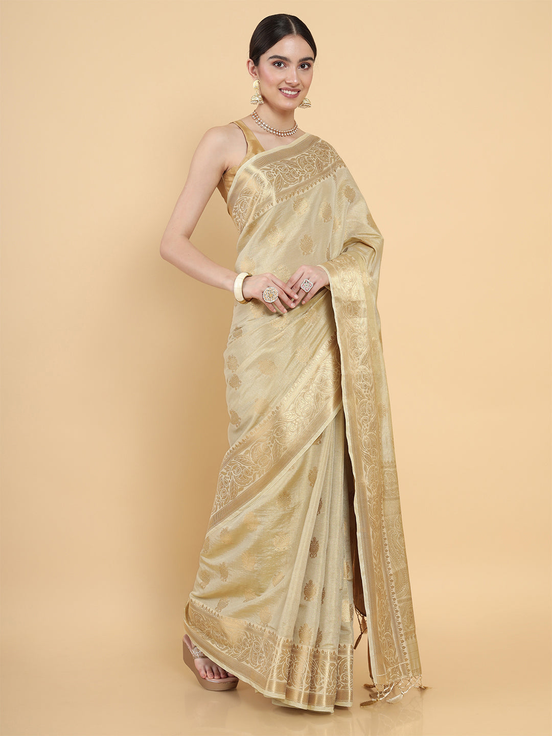Mimosa Womens Art Silk Saree Kasavu Cream Color