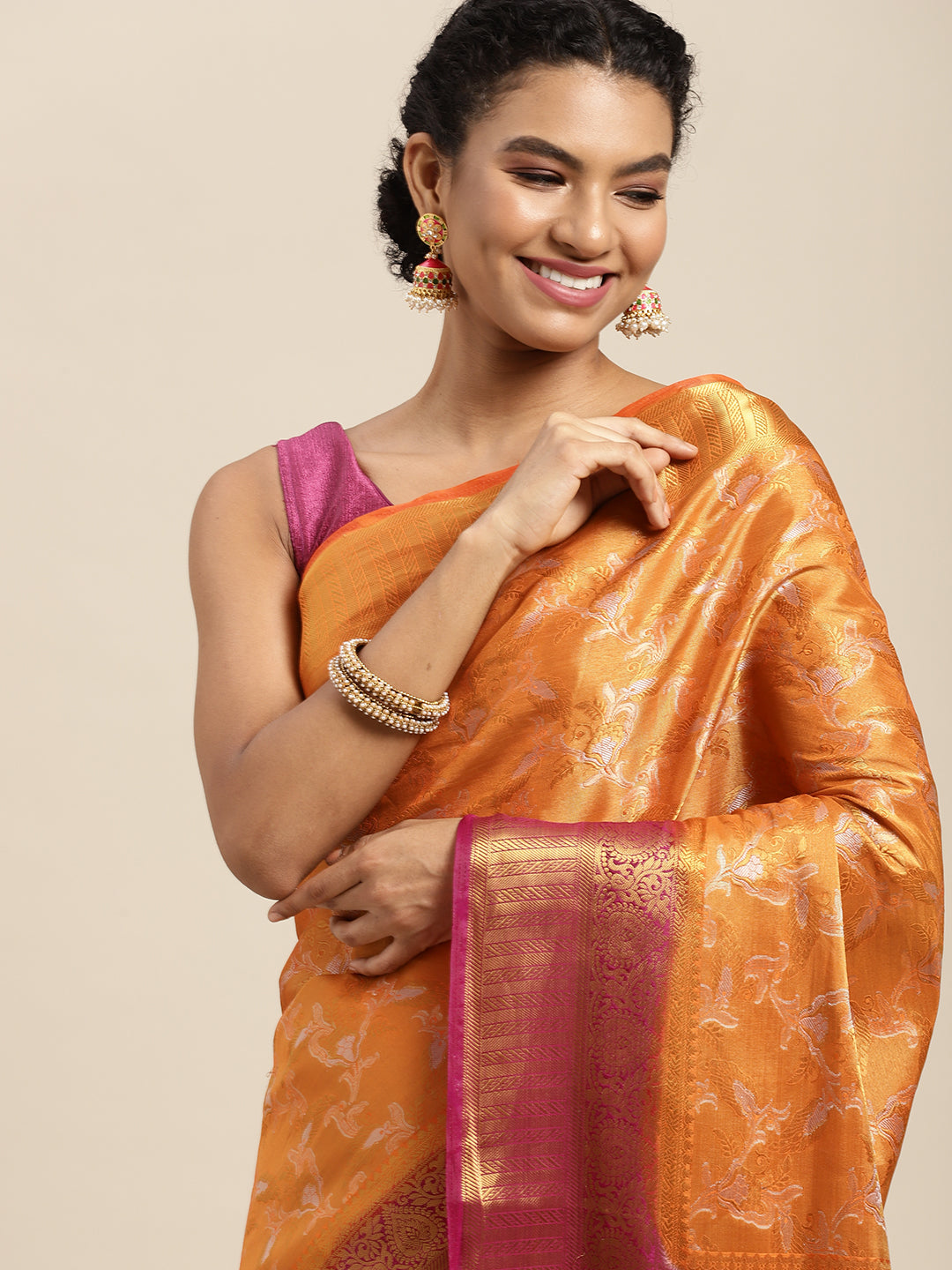 Mimosa Womens Art Silk Saree Kanjivaram Orange Color