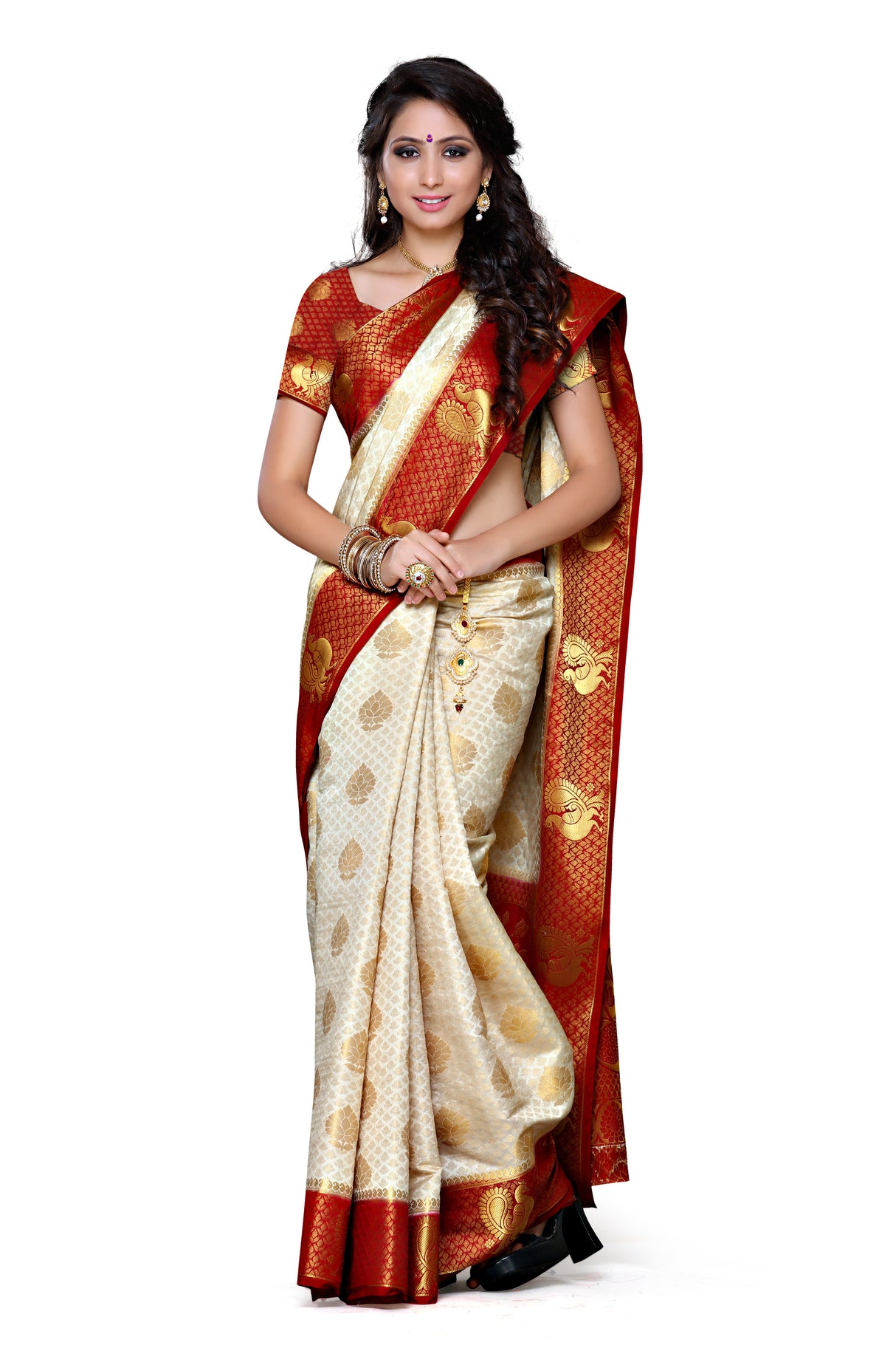Mimosa Womens Art Silk Saree Kanjivaram Halfwhite Color