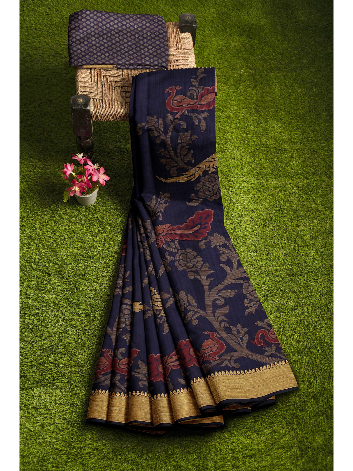 Mimosa Womens Art Silk Saree Kanjivaram Navy Blue Color