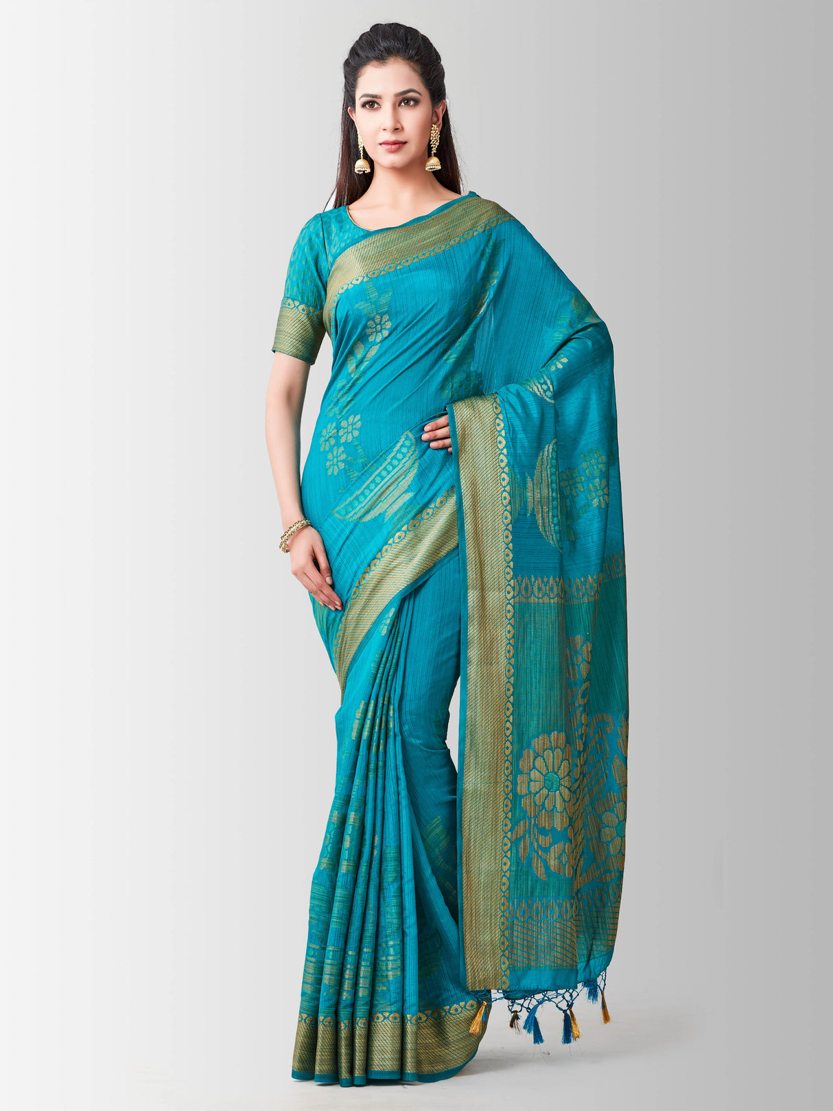 Mimosa Womens Art Silk Saree Kanjivaram Saffire Color