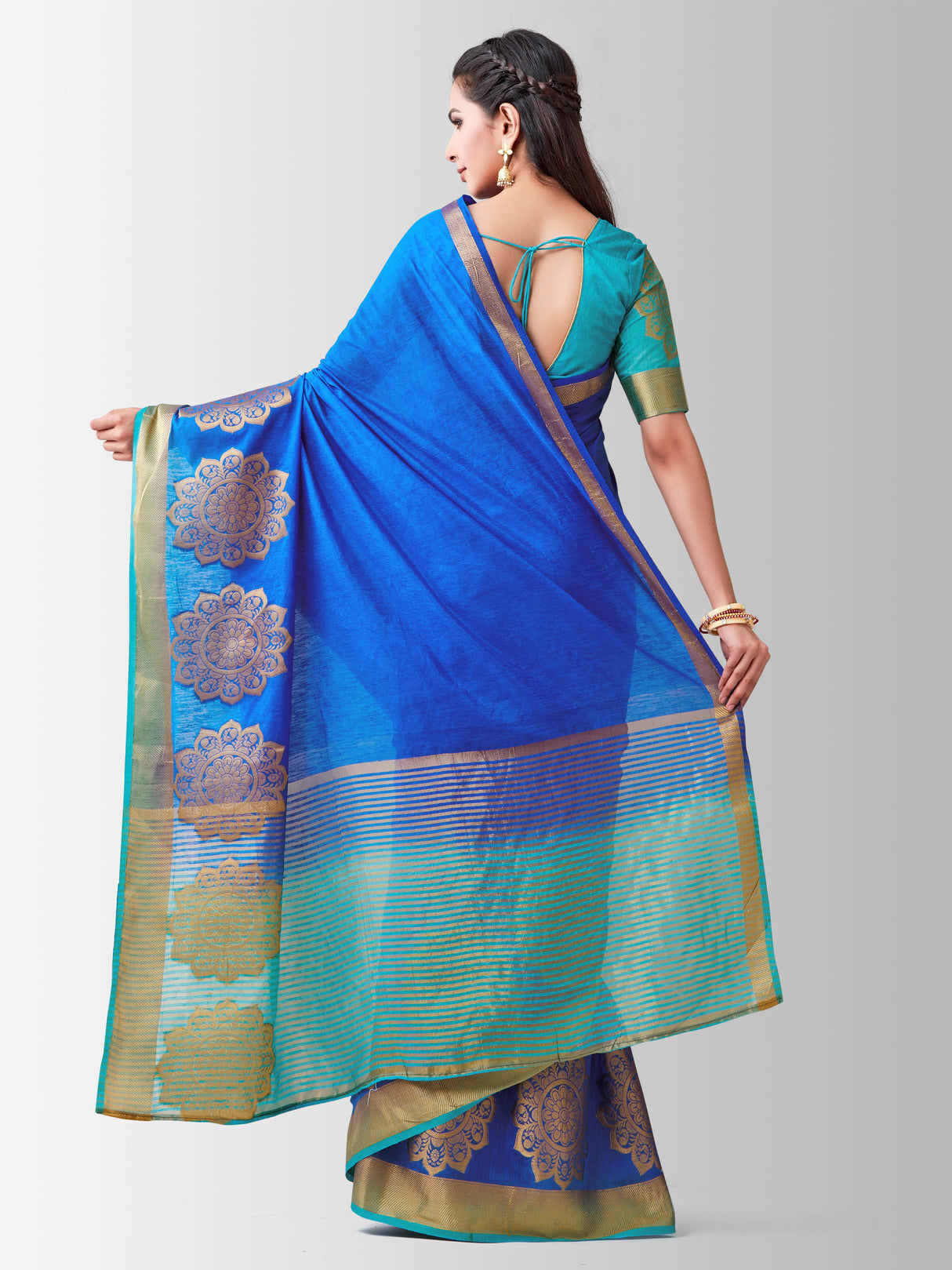 Mimosa Womens Linen Saree Kanjivaram style Royal Blue Color