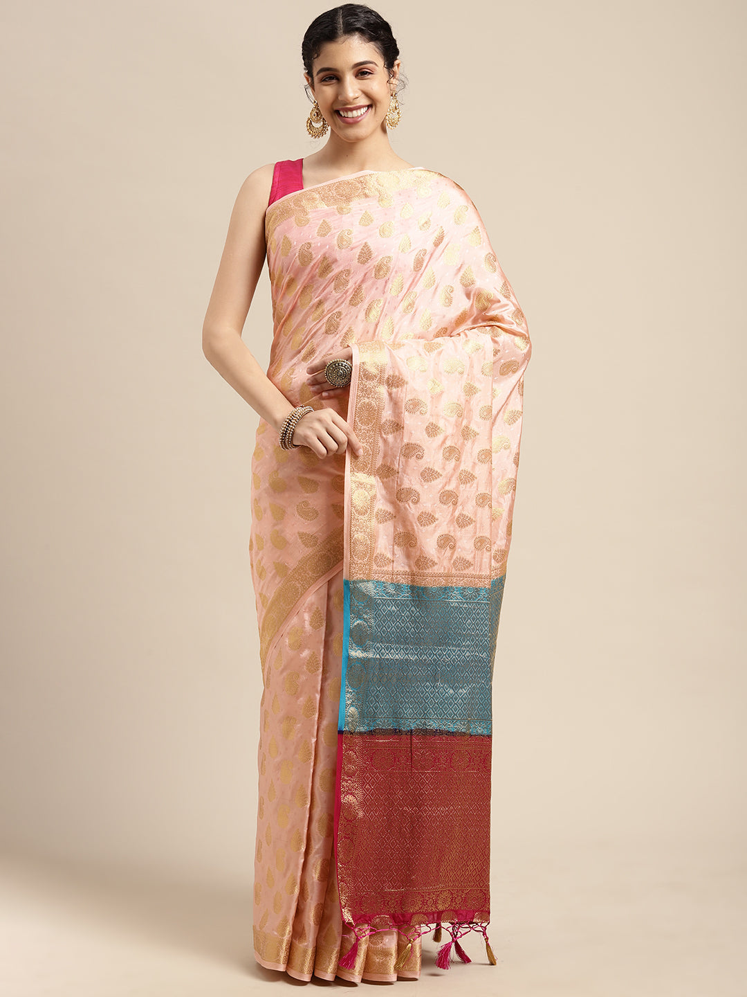 Mimosa Womens Art Silk Saree Kanjivaram Peach Color