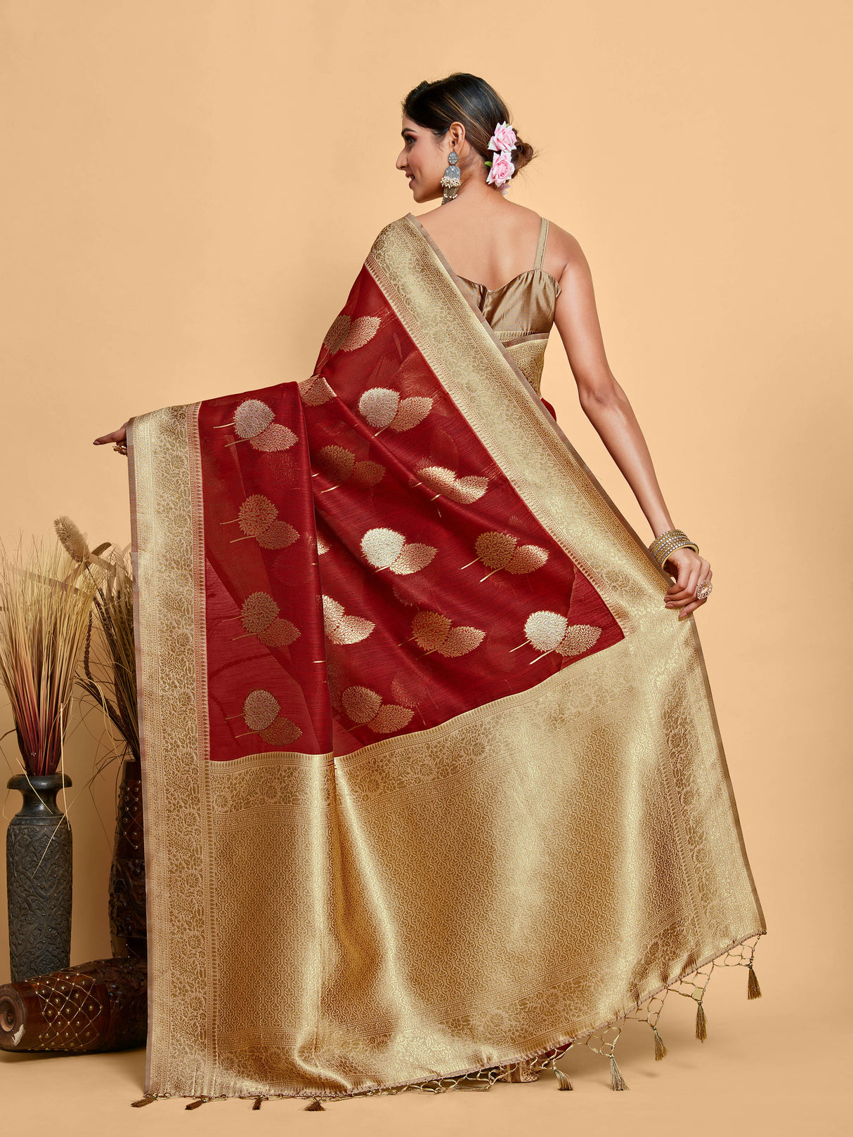 Mimosa Women's Woven Design Kanjivaram Linen Saree With Blouse Piece : SA00001234MRFREE