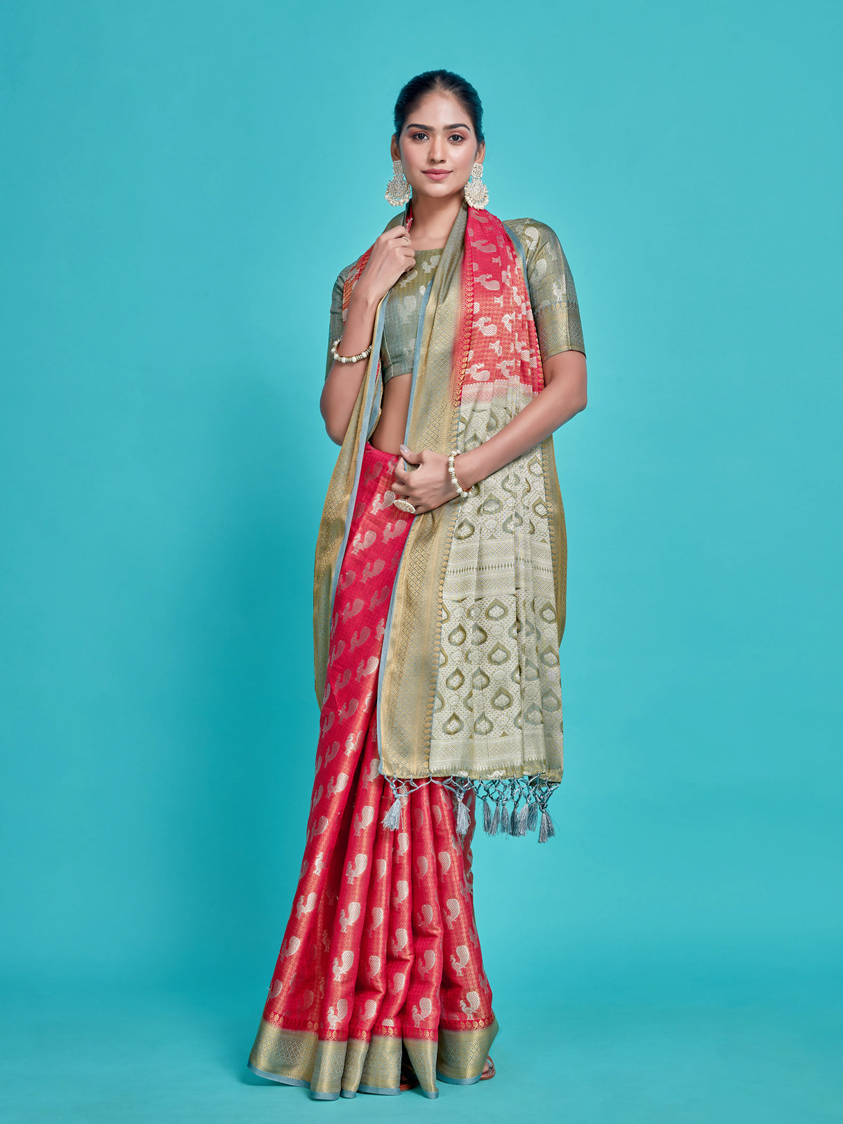 Mimosa Women's Woven Design Kanjivaram Style Art Silk Saree With Blouse Piece : SA0000379RNFREE