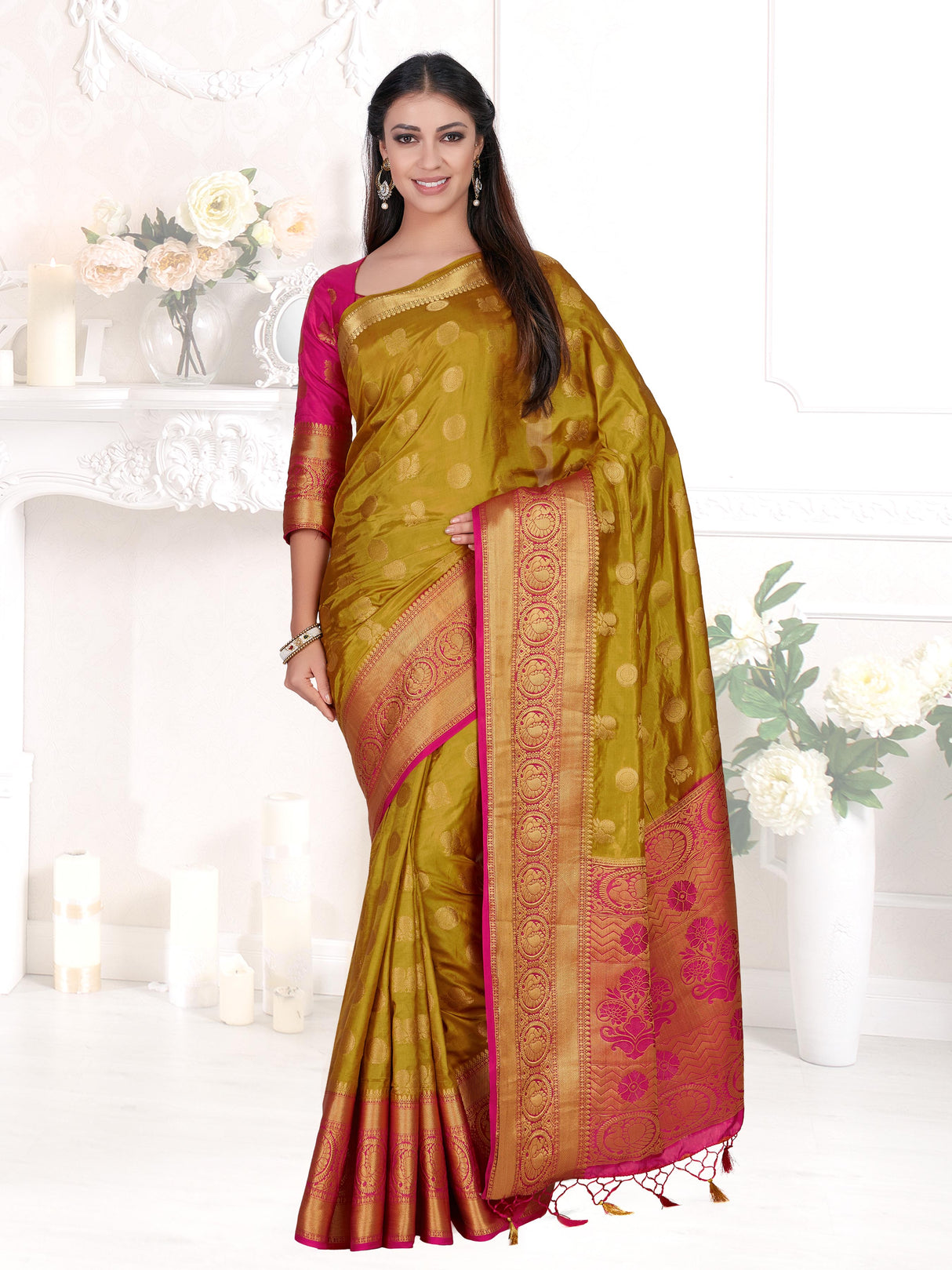 Mimosa Womens Art Silk Saree Kanjivaram Chiku Color