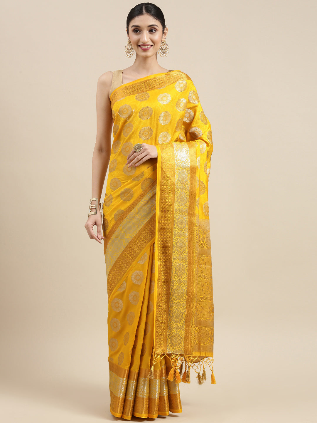 Mimosa Womens Art Silk Saree Kanjivaram Gold Color