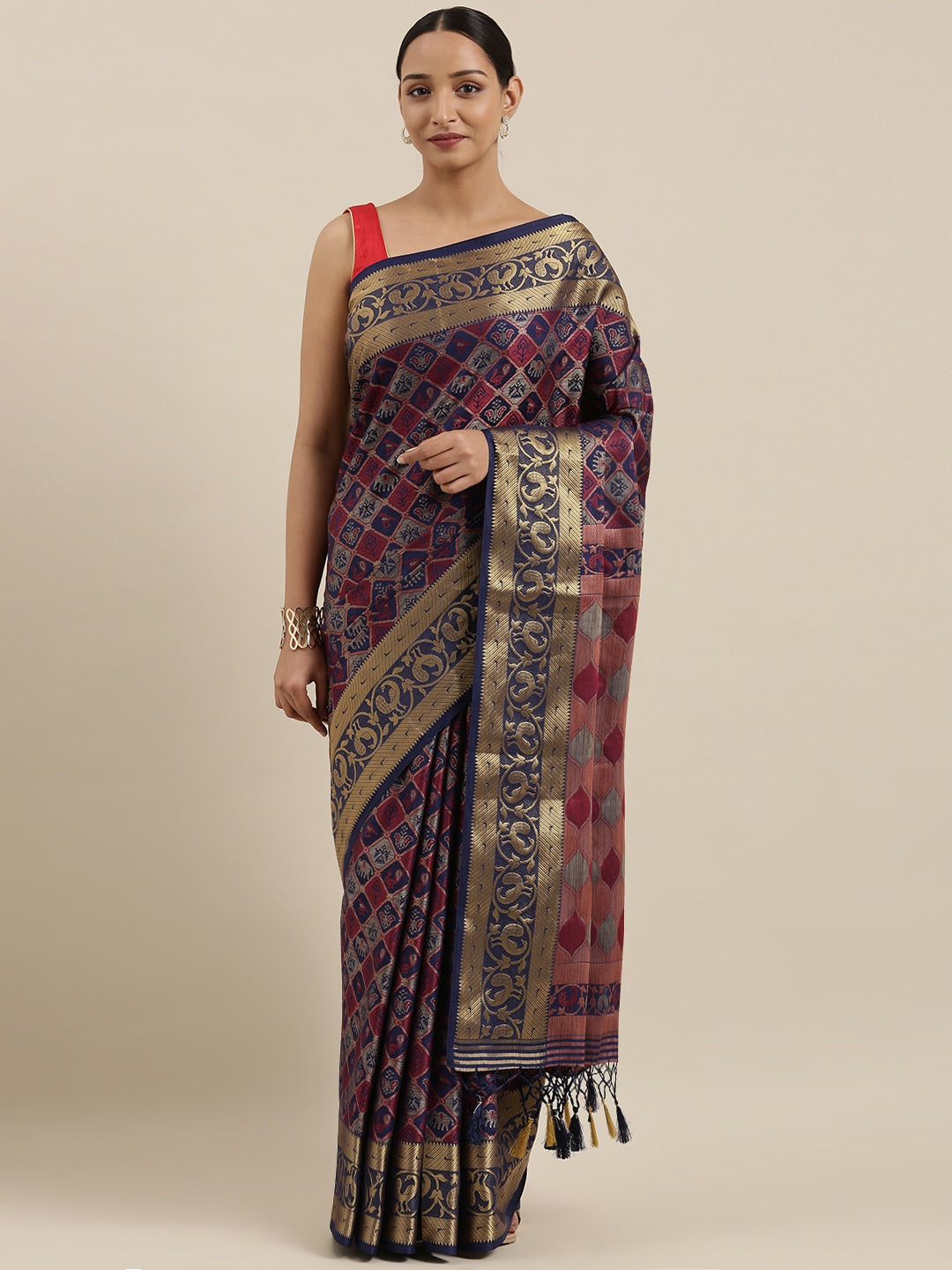 Mimosa Womens Art Silk Saree Patola Navy Blue Color