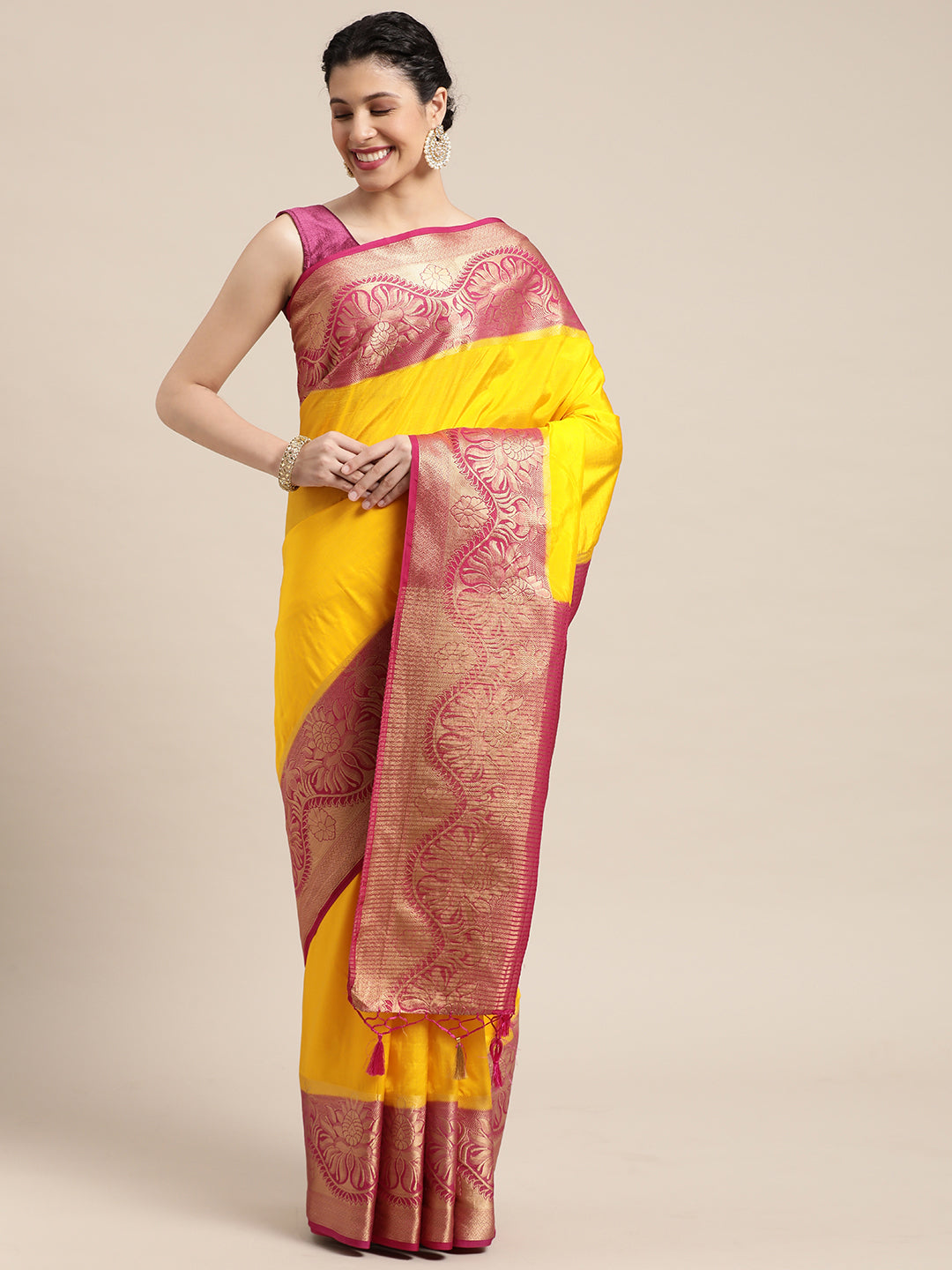 Mimosa Womens Art Silk Saree Kanjivaram Gold Color