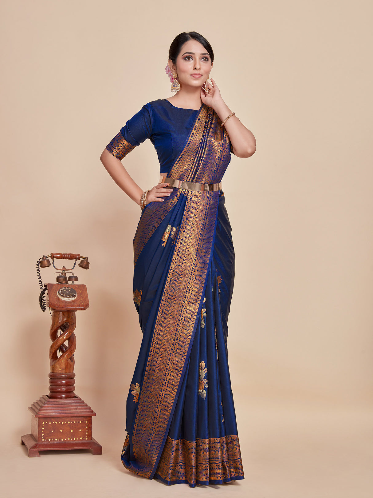 Mimosa Women's Woven Design Kanjivaram Style Art Silk Saree With Blouse Piece : SA00001384NVFREE