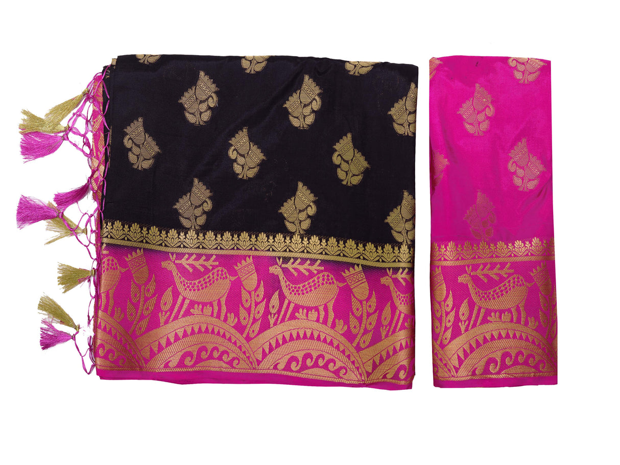 Mimosa Womens Art Silk Saree Kanjivaram Black Color