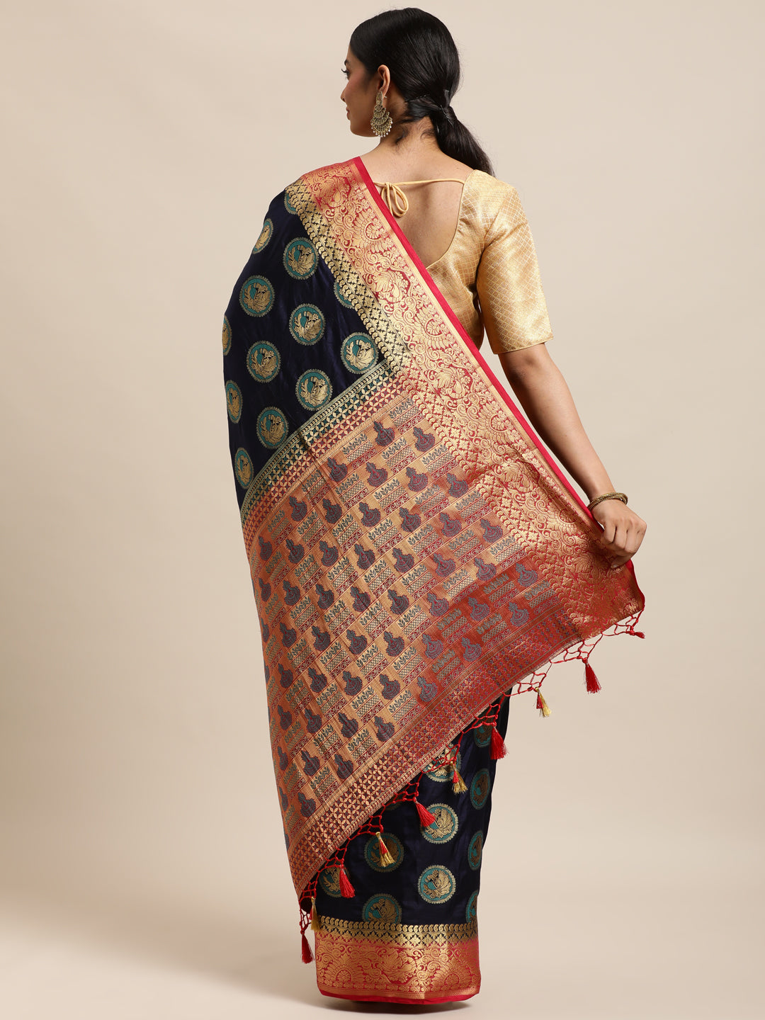 Mimosa Womens Art Silk Saree Kanjivaram Navy Blue Color