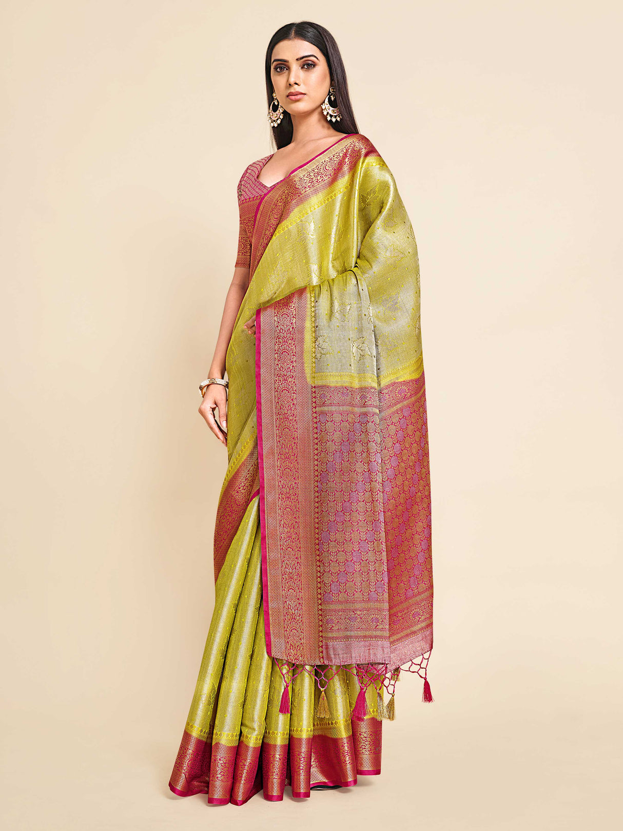 Mimosa Womens Art Silk Saree Kanjivaram Yellow Color
