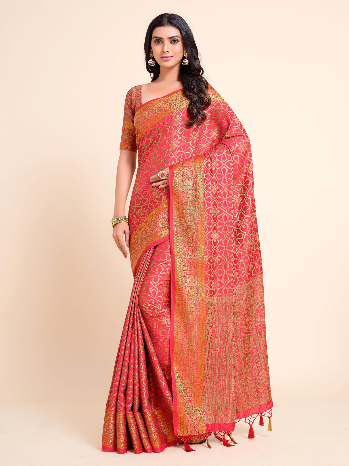 Mimosa Womens Art Silk Saree Kanjivaram Strawberry Color