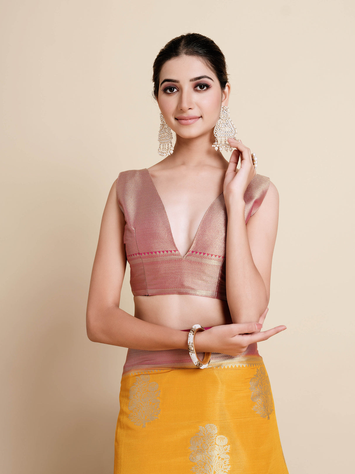 Mimosa Womens Art Silk Saree Kanjivaram Gold Color