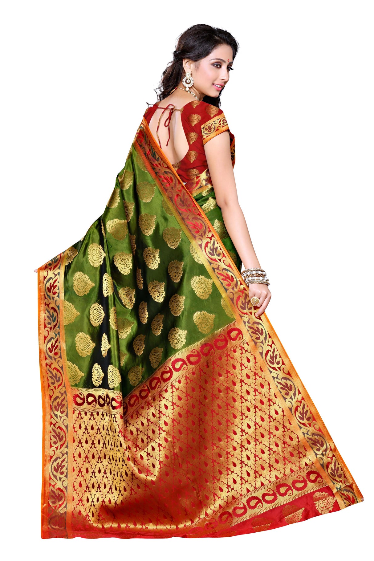 Mimosa Womens Art Silk Saree Kanjivaram Olive Color