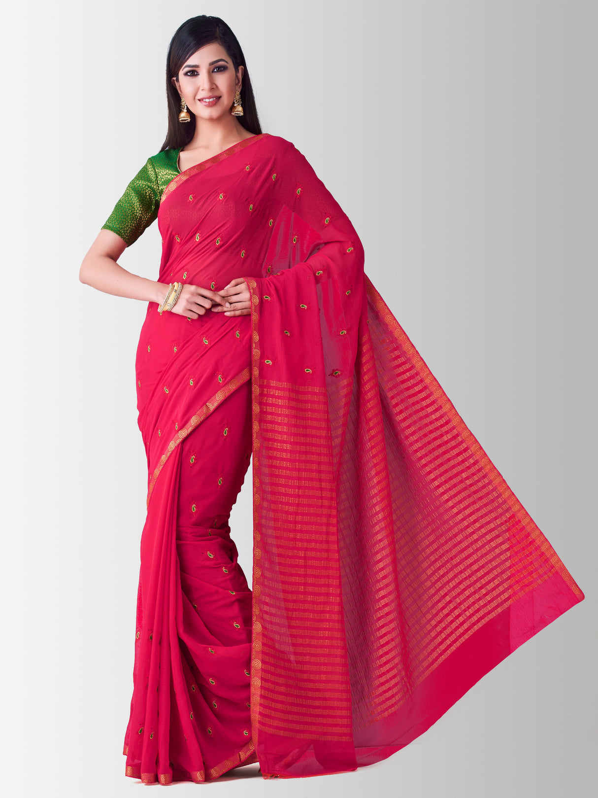 Mimosa Womens Chiffon Saree Banarasi Strawberry Color
