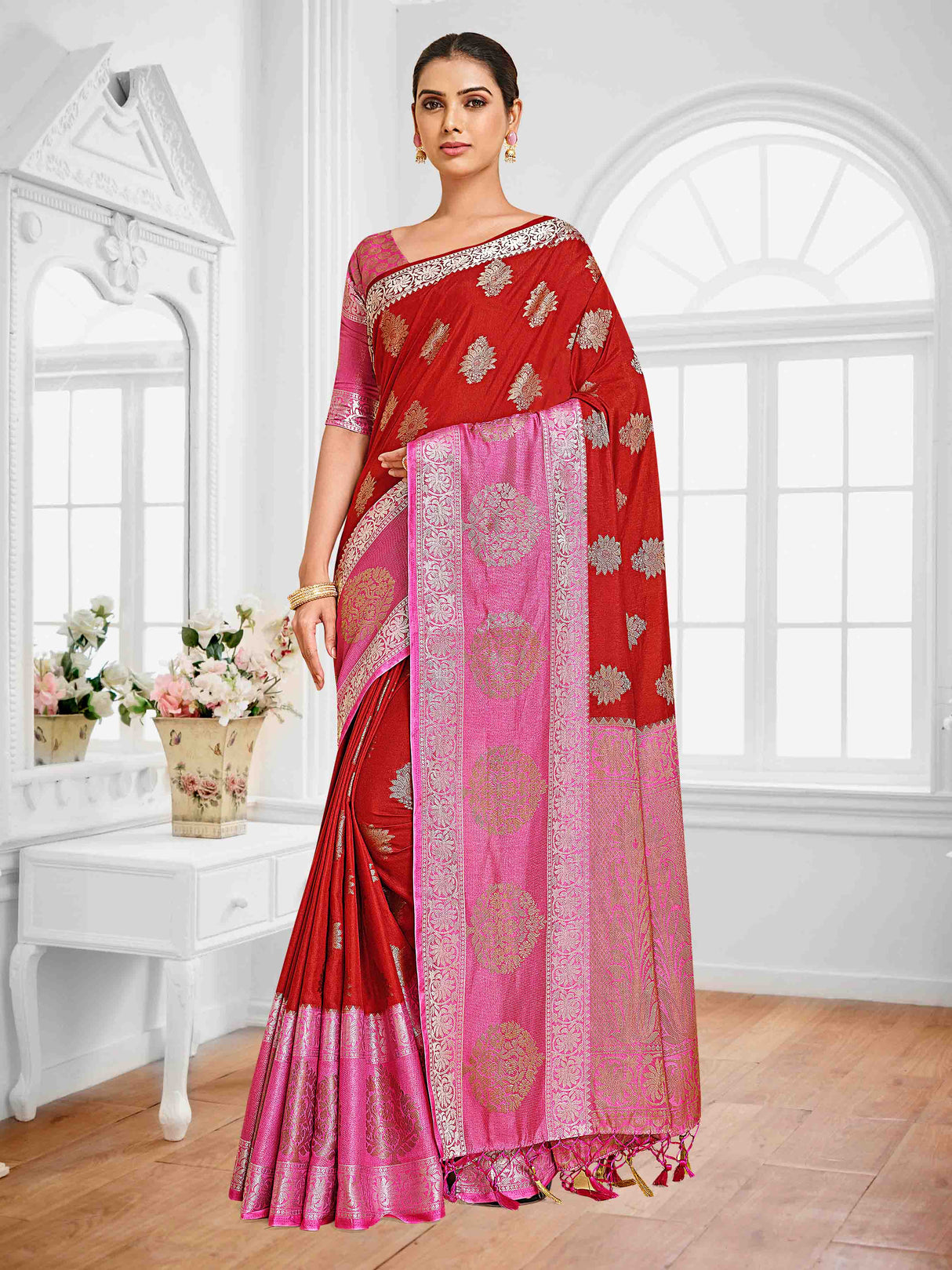 Mimosa Womens Art Silk Saree Kanjivaram Maroon Color