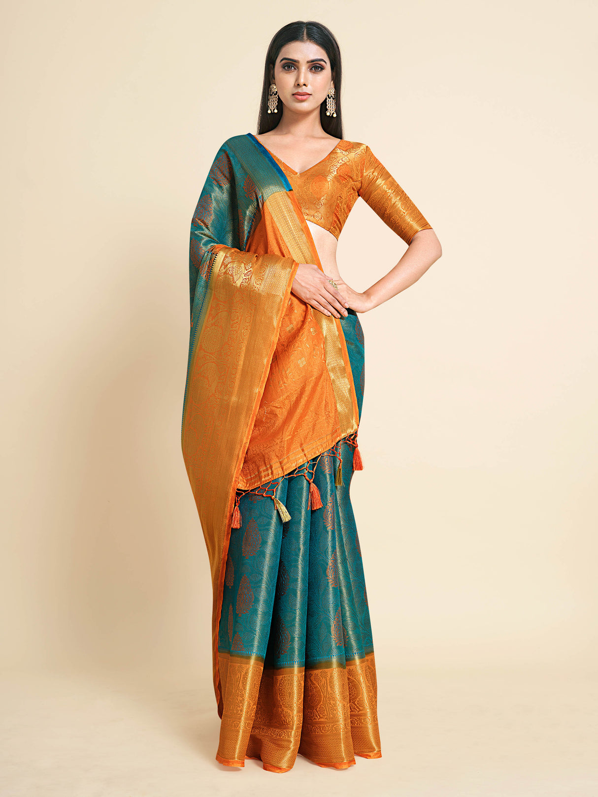 Mimosa Womens Art Silk Saree Kanjivaram Saffire Color