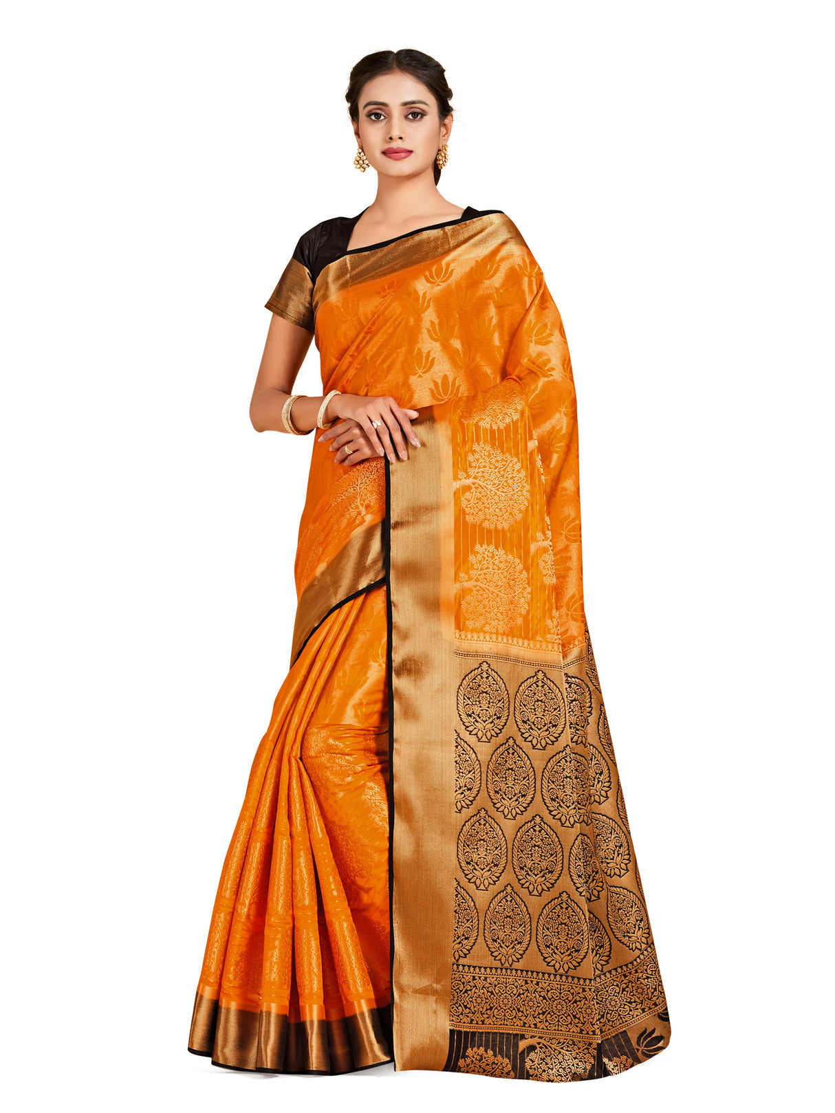 Mimosa Womens Art Silk Saree Kanjivaram Orange Color