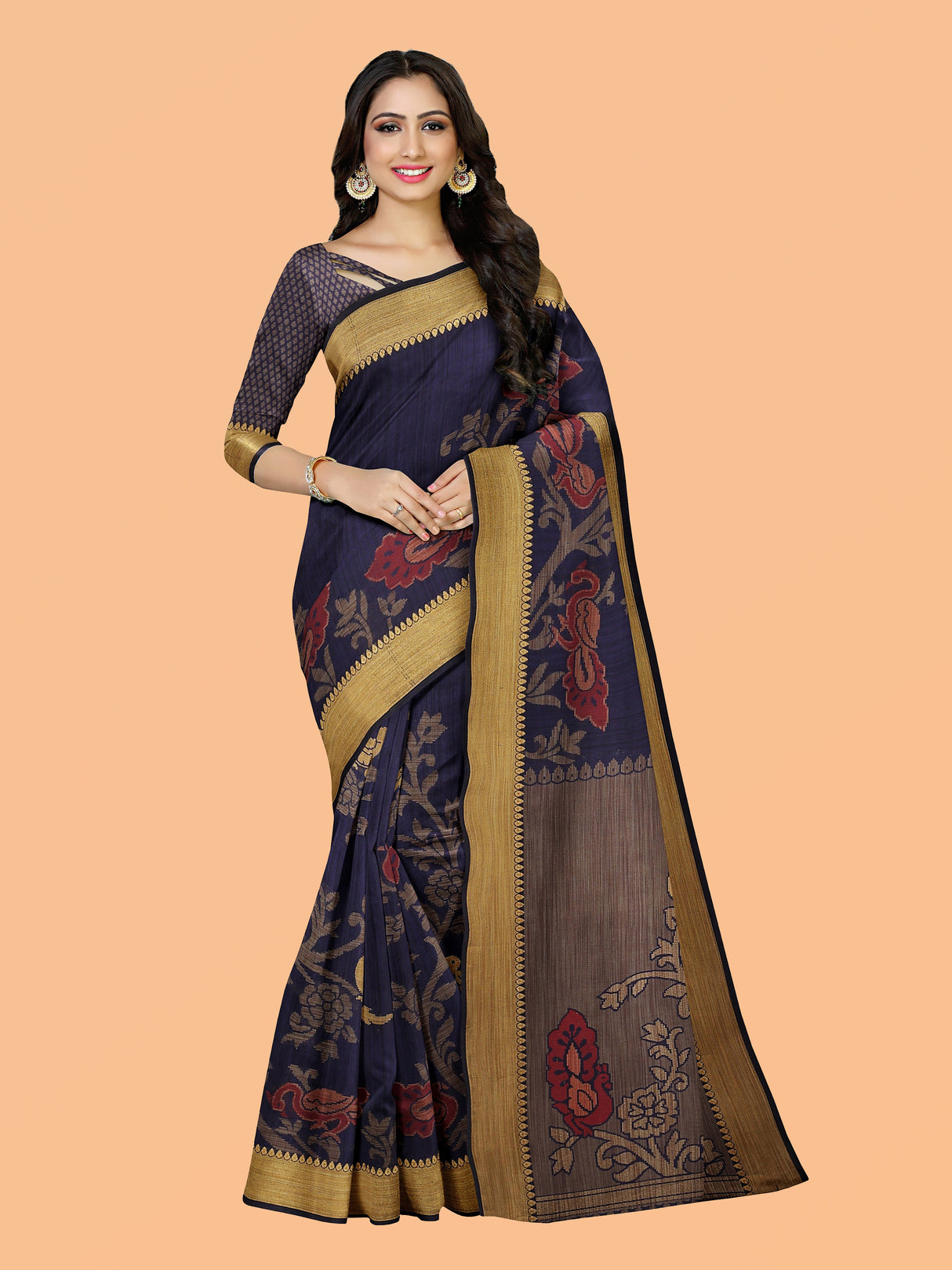 Mimosa Womens Art Silk Saree Kanjivaram Navy Blue Color