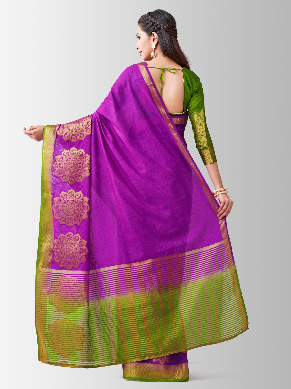 Mimosa Womens Linen Saree Kanjivaram style Mejanta Color